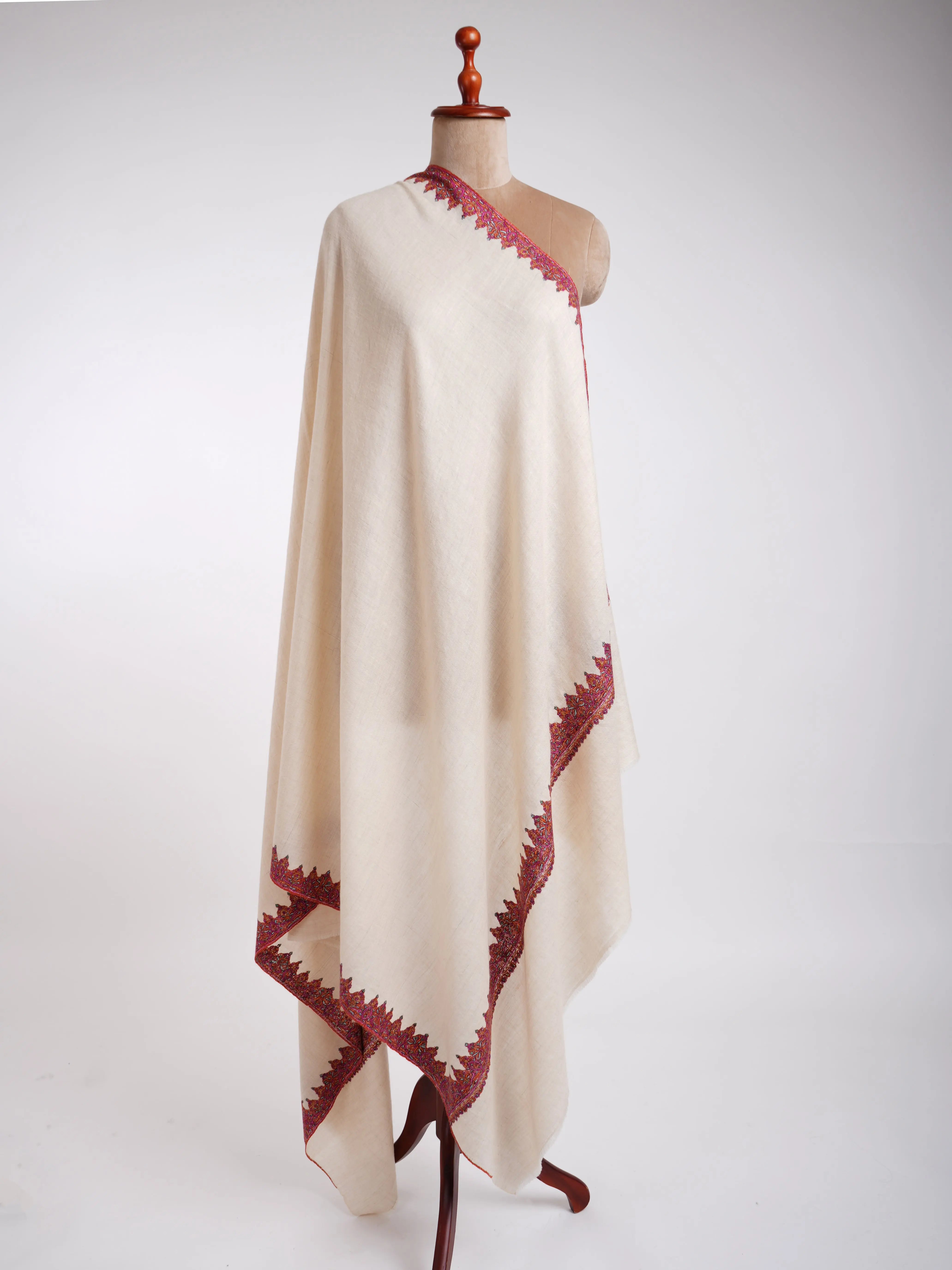 Neemdaur Hand Embroidery Kashmiri Pashmina Shawls White Shahkaar