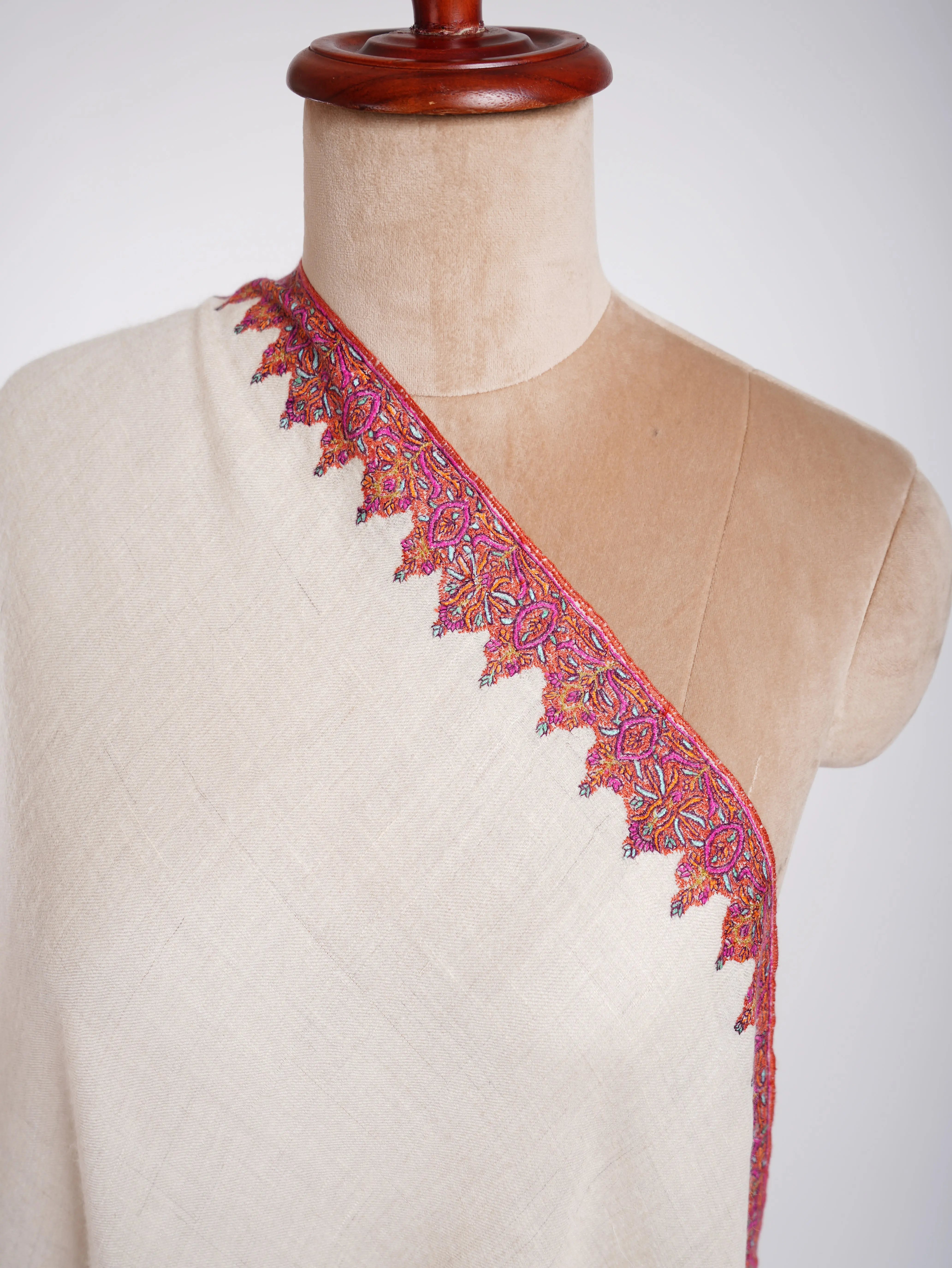Neemdaur Hand Embroidery Kashmiri Pashmina Shawls White Shahkaar