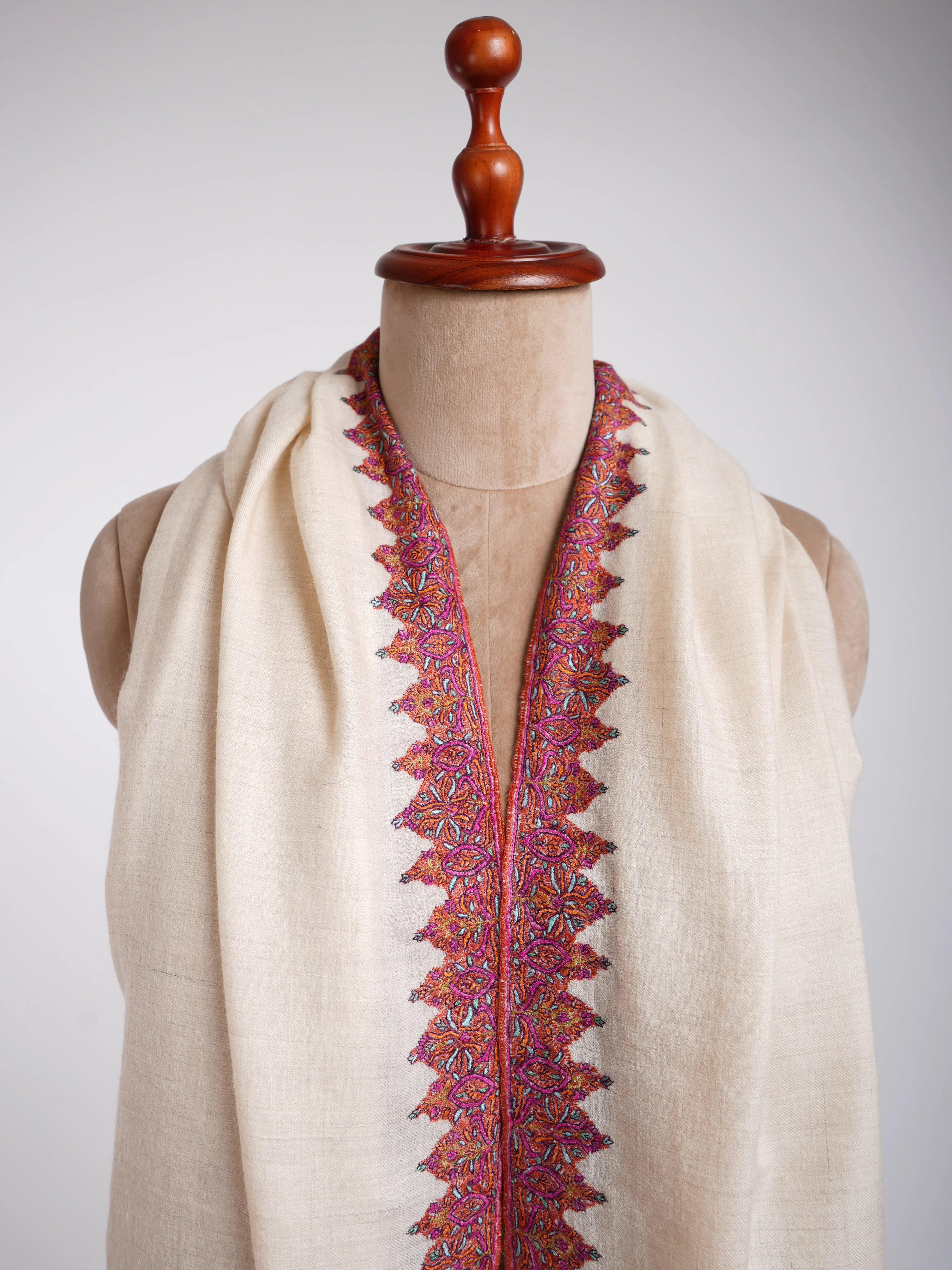Neemdaur Hand Embroidery Kashmiri Pashmina Shawls White Shahkaar