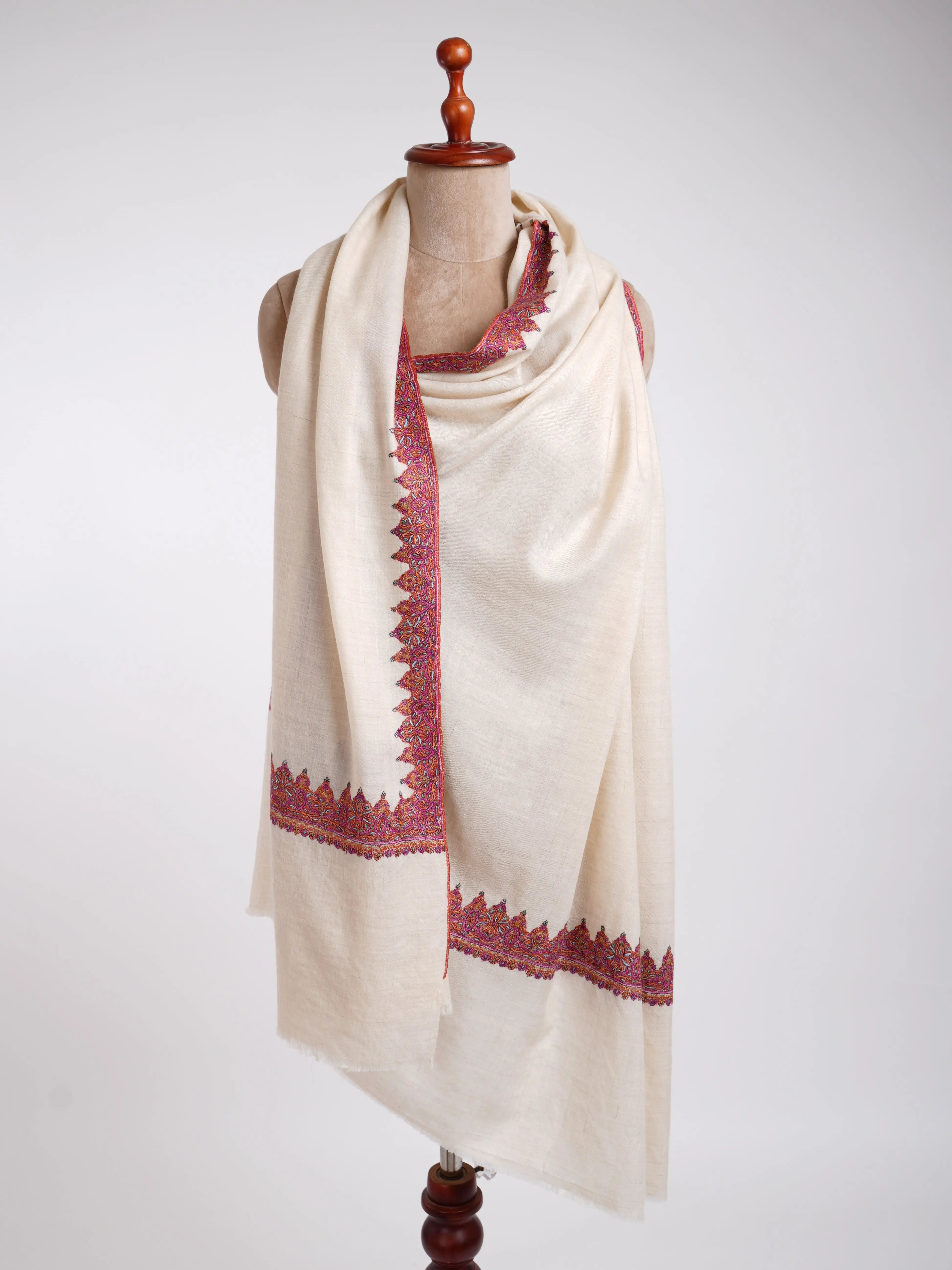 Neemdaur Hand Embroidery Kashmiri Pashmina Shawls White Shahkaar