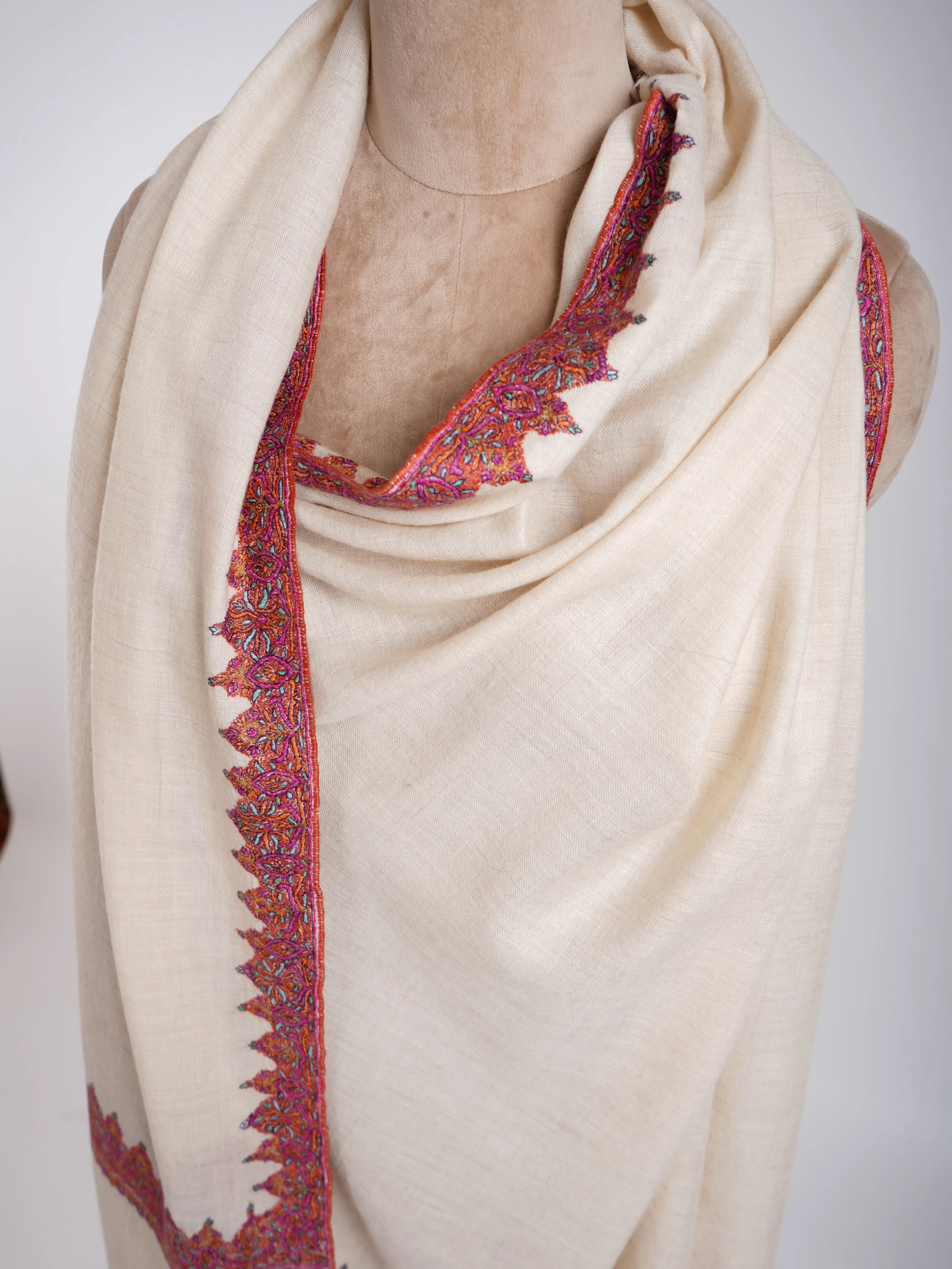 Neemdaur Hand Embroidery Kashmiri Pashmina Shawls White Shahkaar