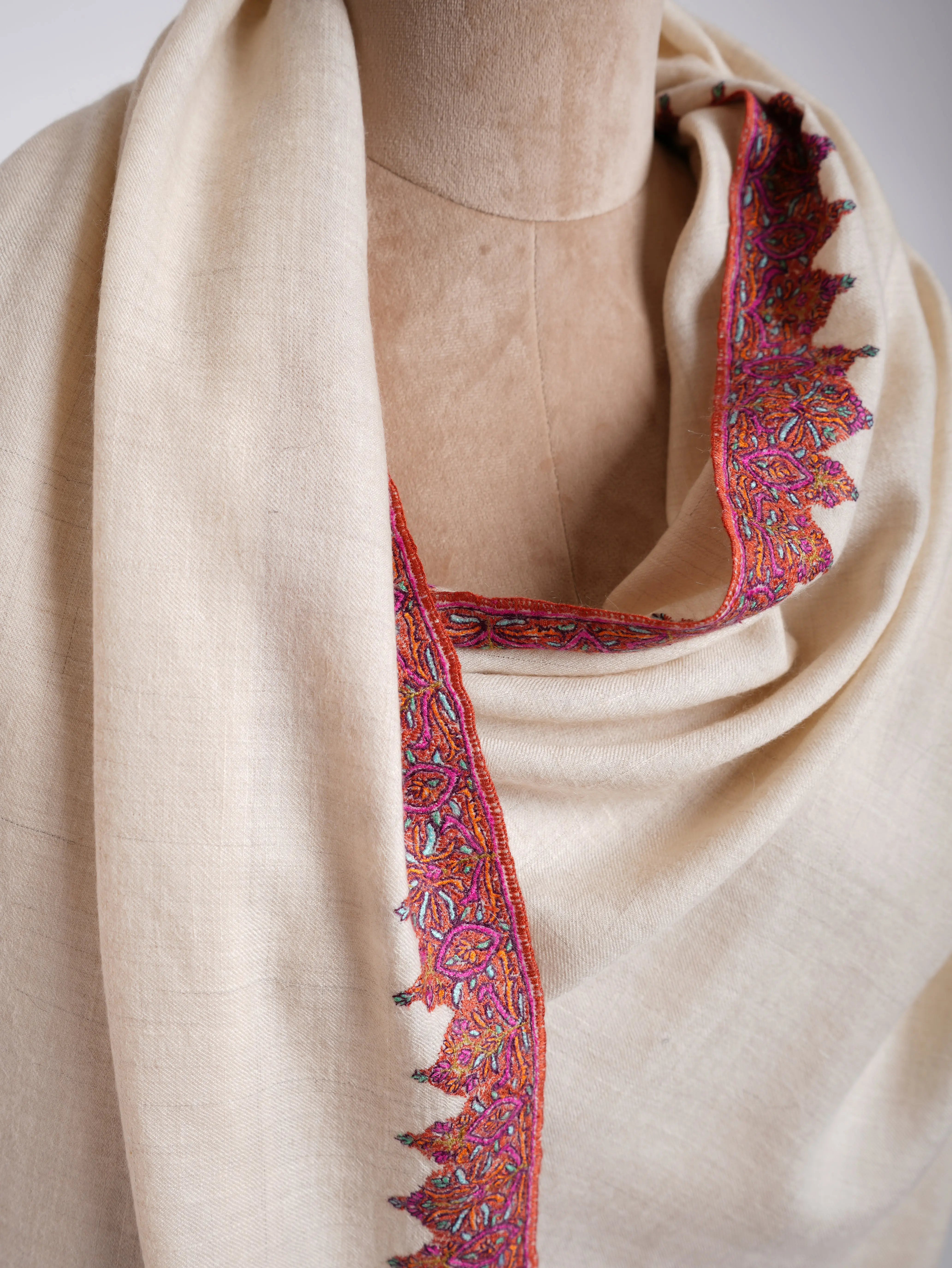 Neemdaur Hand Embroidery Kashmiri Pashmina Shawls White Shahkaar