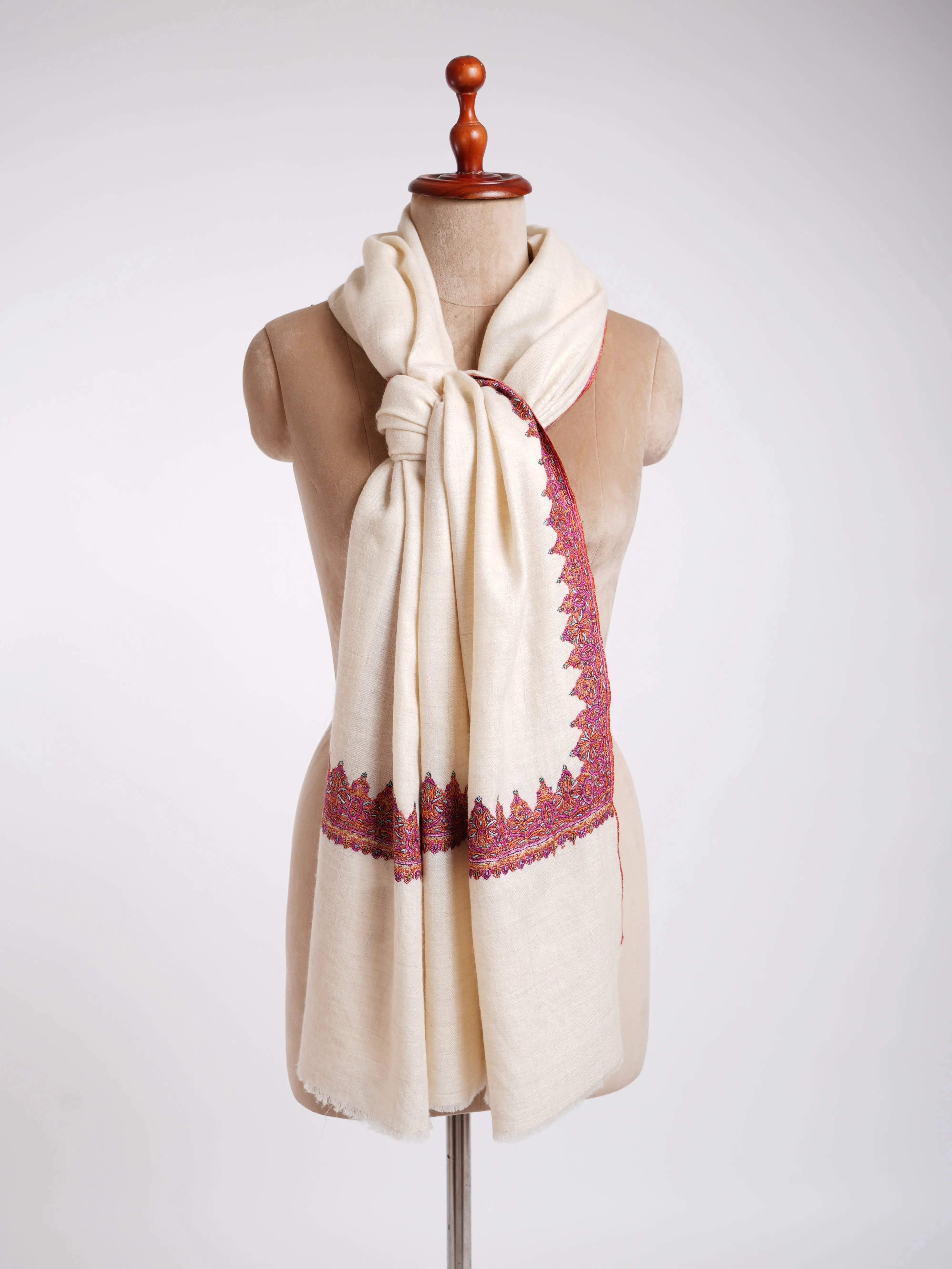 Neemdaur Hand Embroidery Kashmiri Pashmina Shawls White Shahkaar