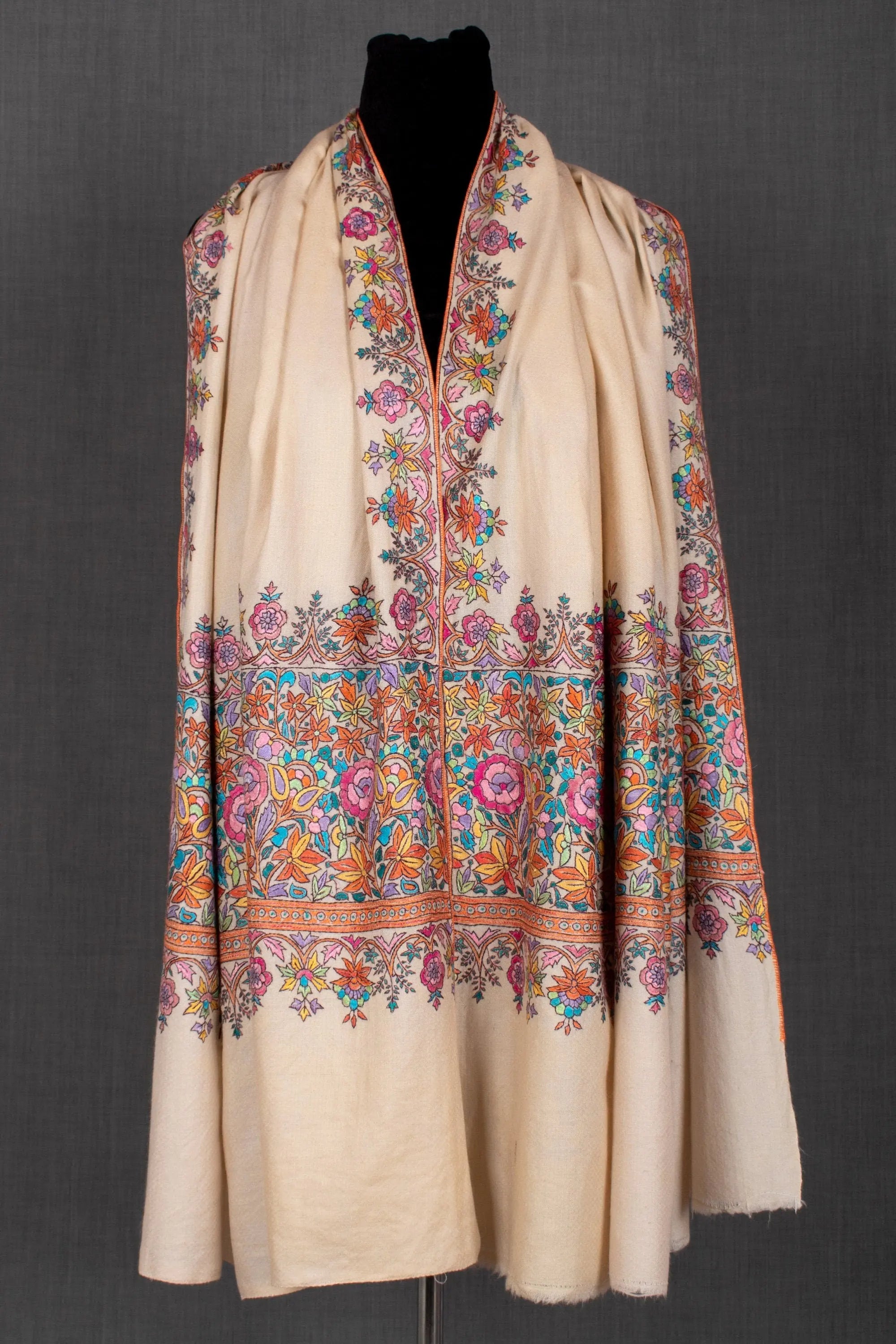 Nusrat Paper Machie Pashmina Shawl, Embroidered Kashmiri Wrap, 40x80" Shahkaar