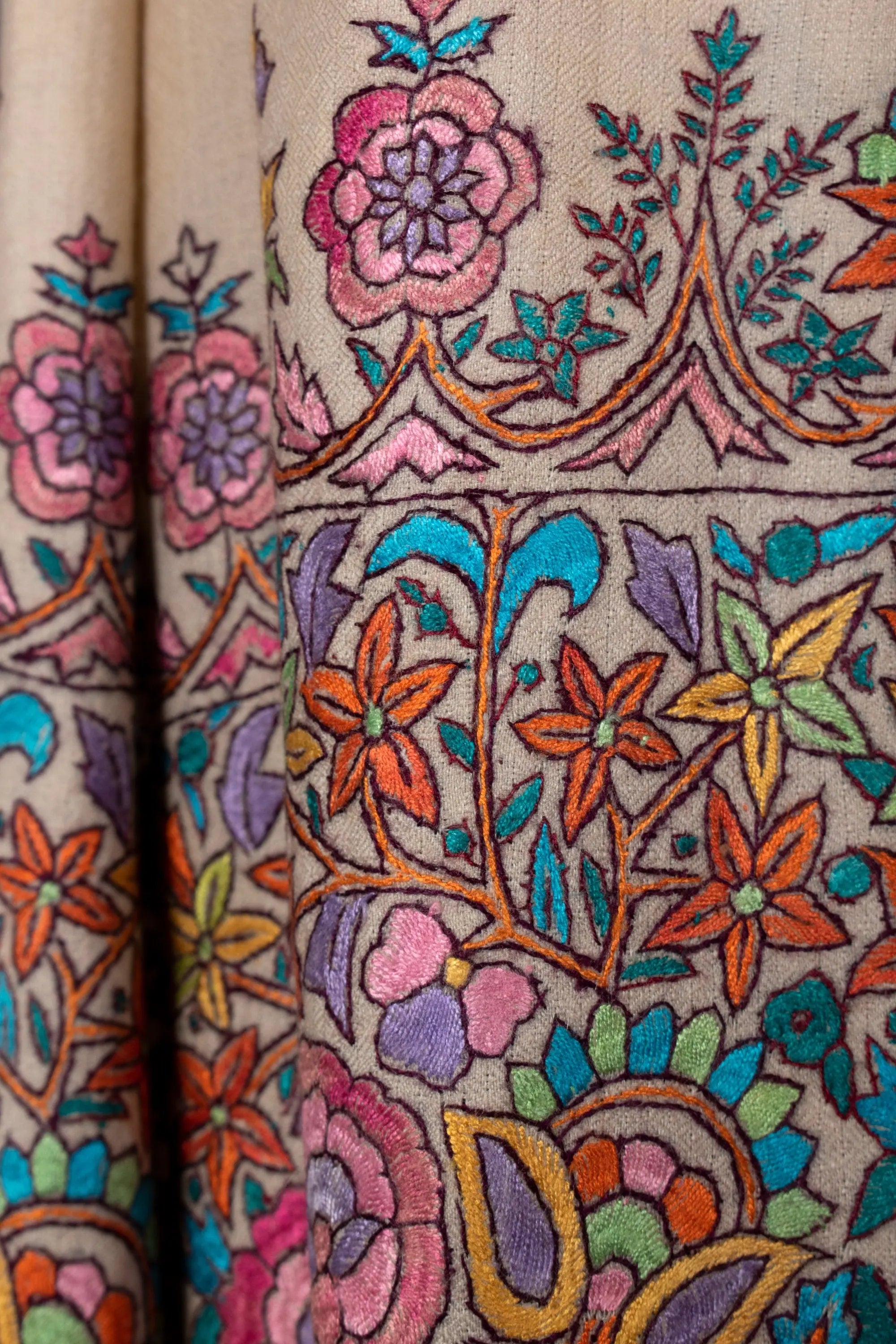 Nusrat Paper Machie Pashmina Shawl, Embroidered Kashmiri Wrap, 40x80" Shahkaar