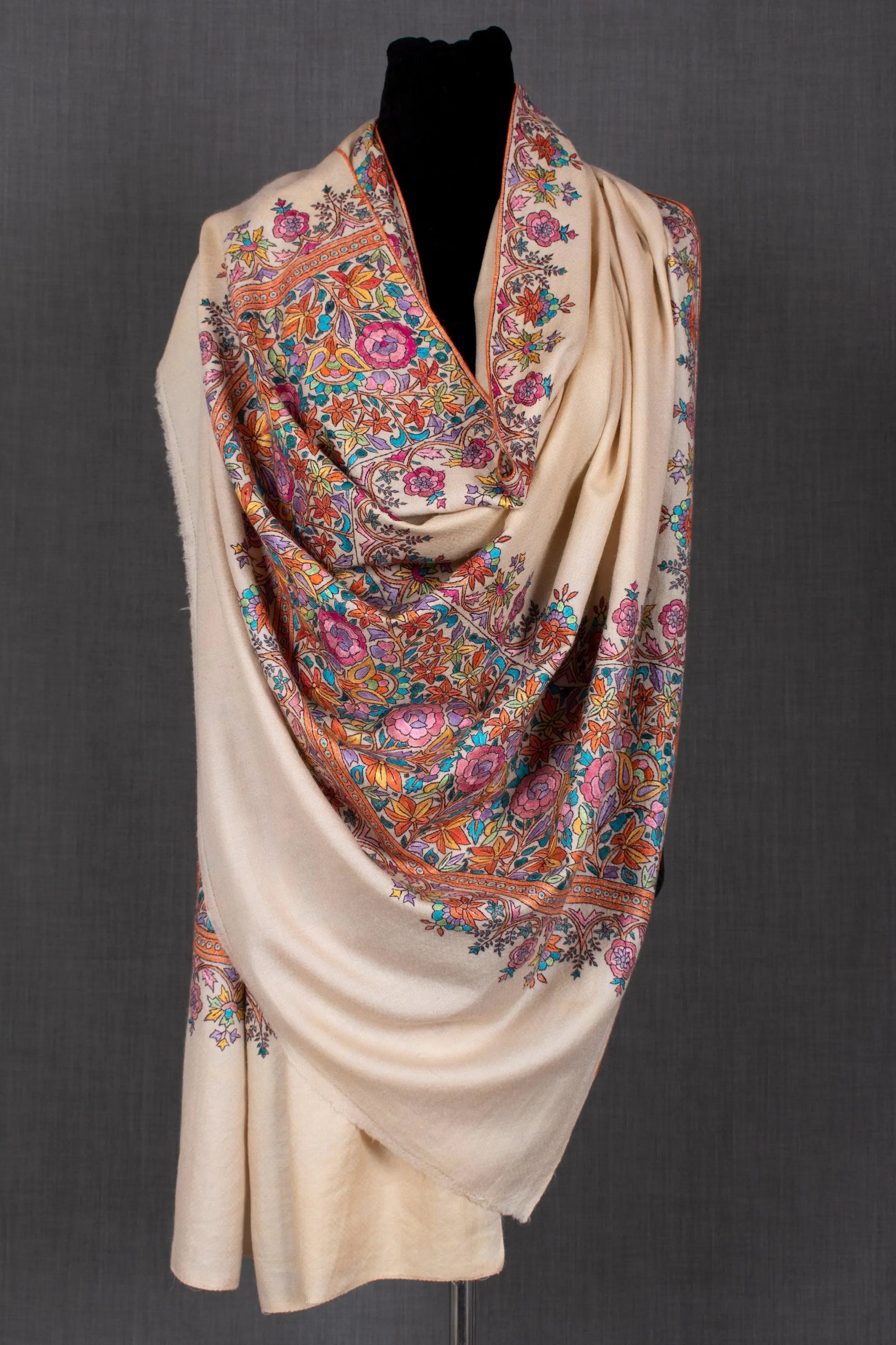 Nusrat Paper Machie Pashmina Shawl, Embroidered Kashmiri Wrap, 40x80" Shahkaar