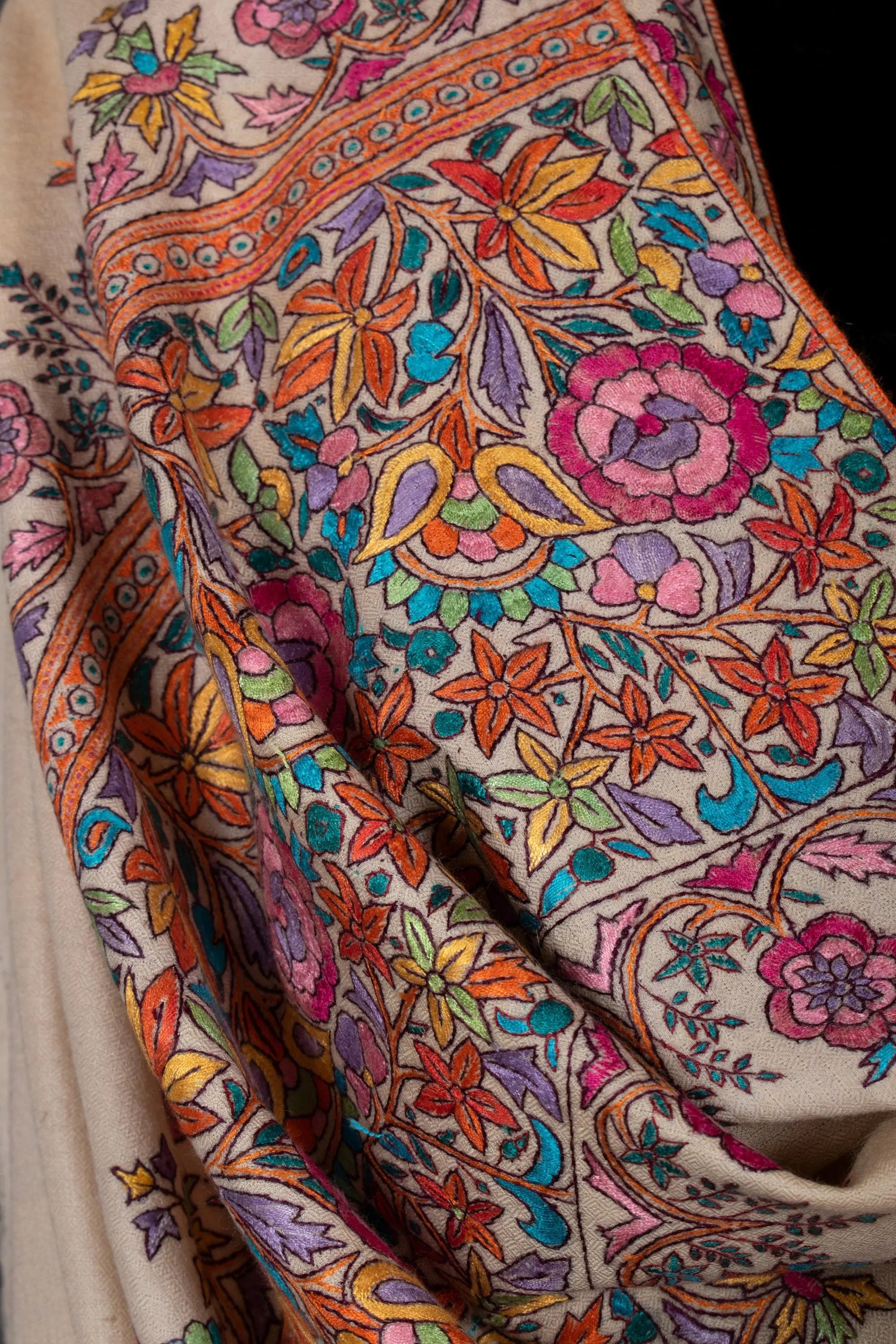 Nusrat Paper Machie Pashmina Shawl, Embroidered Kashmiri Wrap, 40x80" Shahkaar