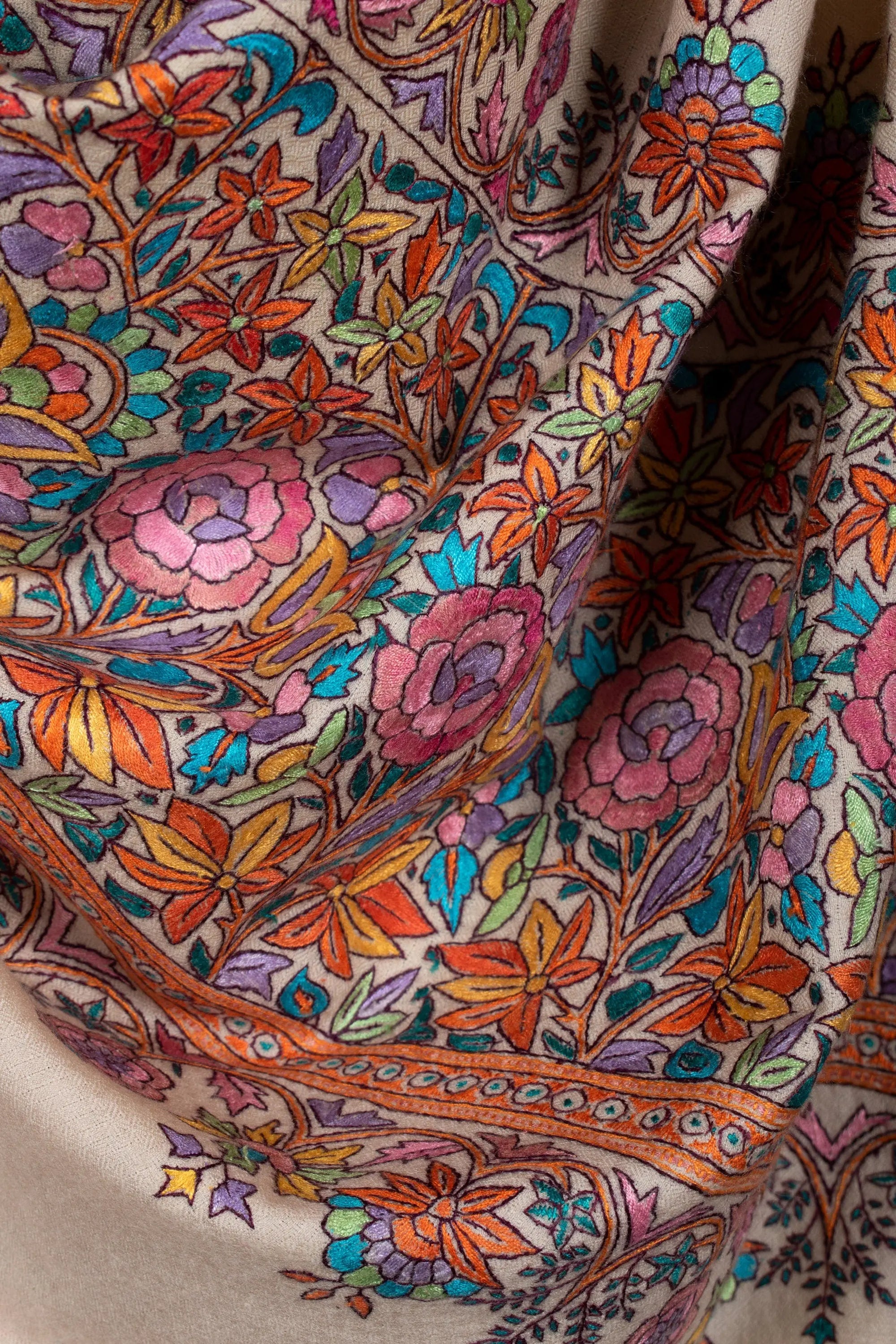 Nusrat Paper Machie Pashmina Shawl, Embroidered Kashmiri Wrap, 40x80" Shahkaar