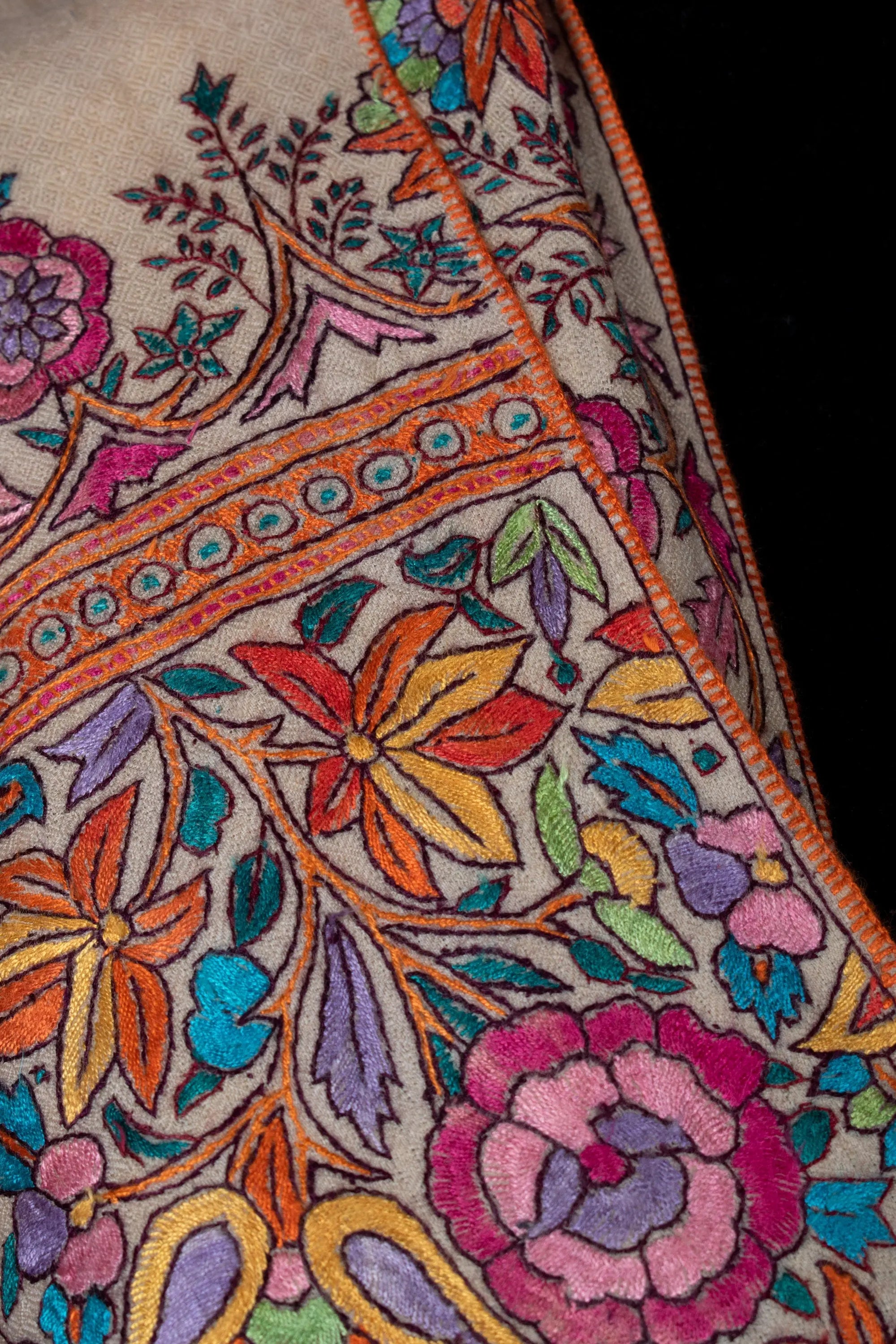 Nusrat Paper Machie Pashmina Shawl, Embroidered Kashmiri Wrap, 40x80" Shahkaar