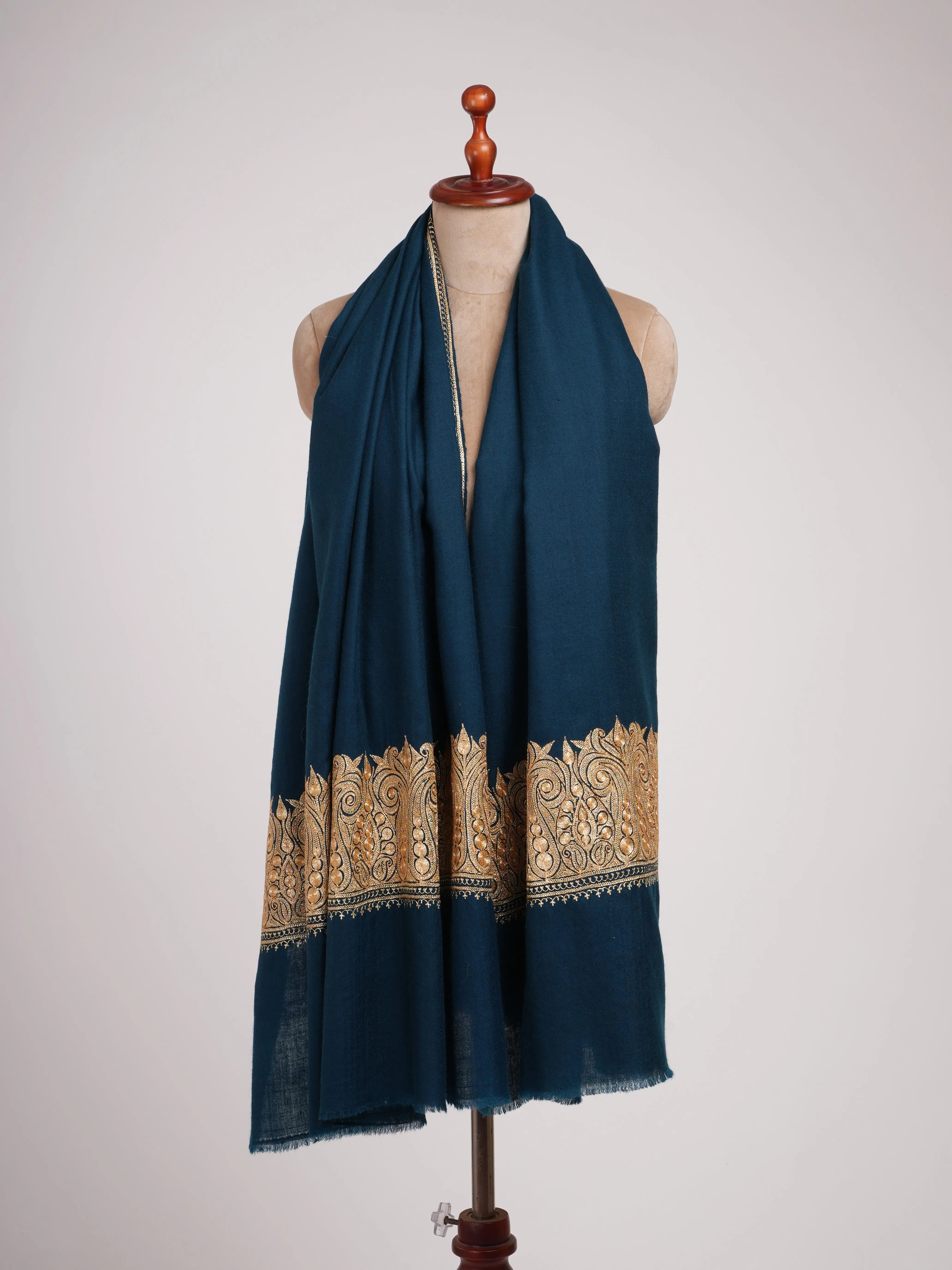 Ocean Blue Gold Tilla Embroidered Pure Pashmina Shawl Shahkaar