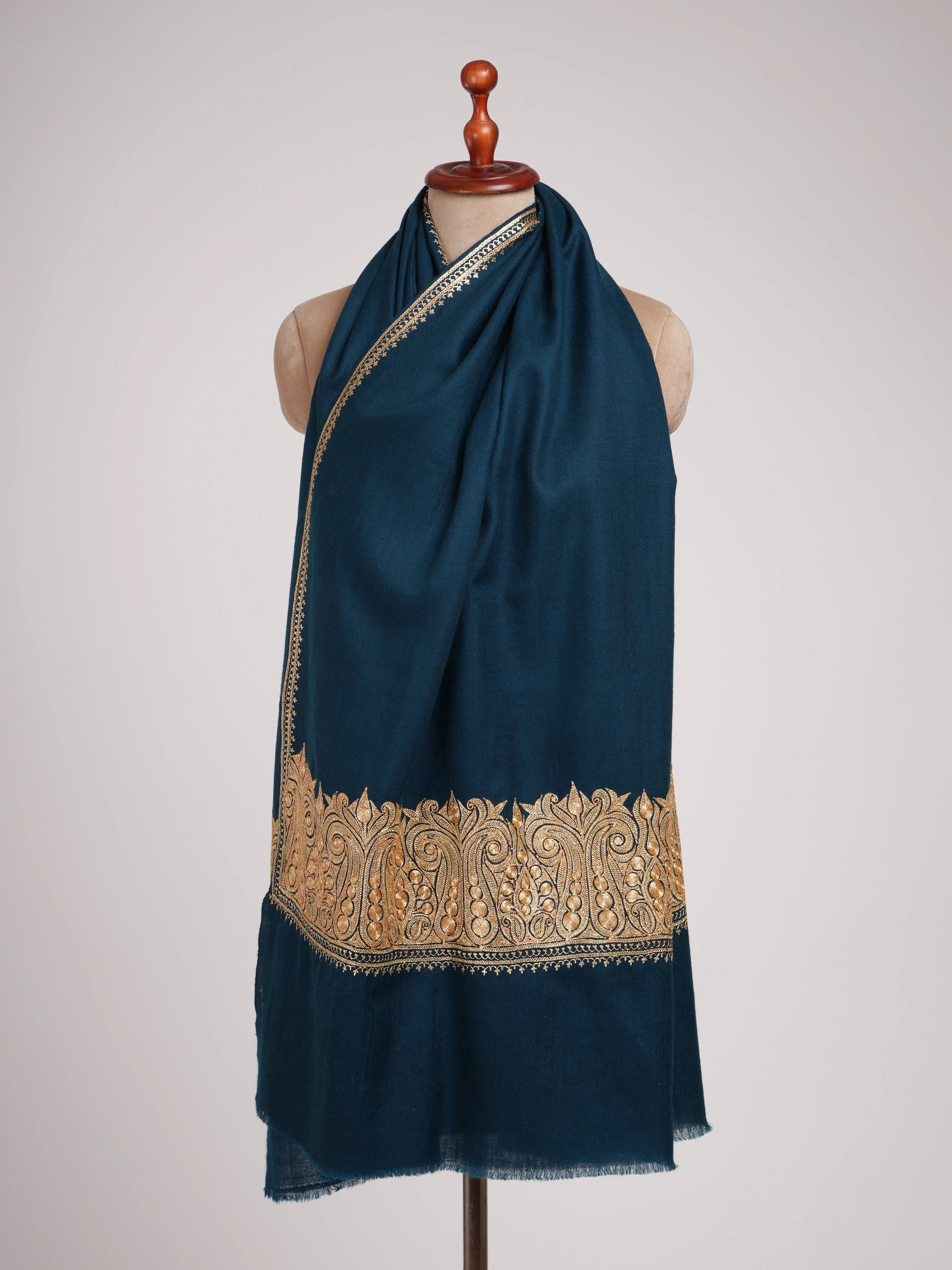 Ocean Blue Gold Tilla Embroidered Pure Pashmina Shawl Shahkaar