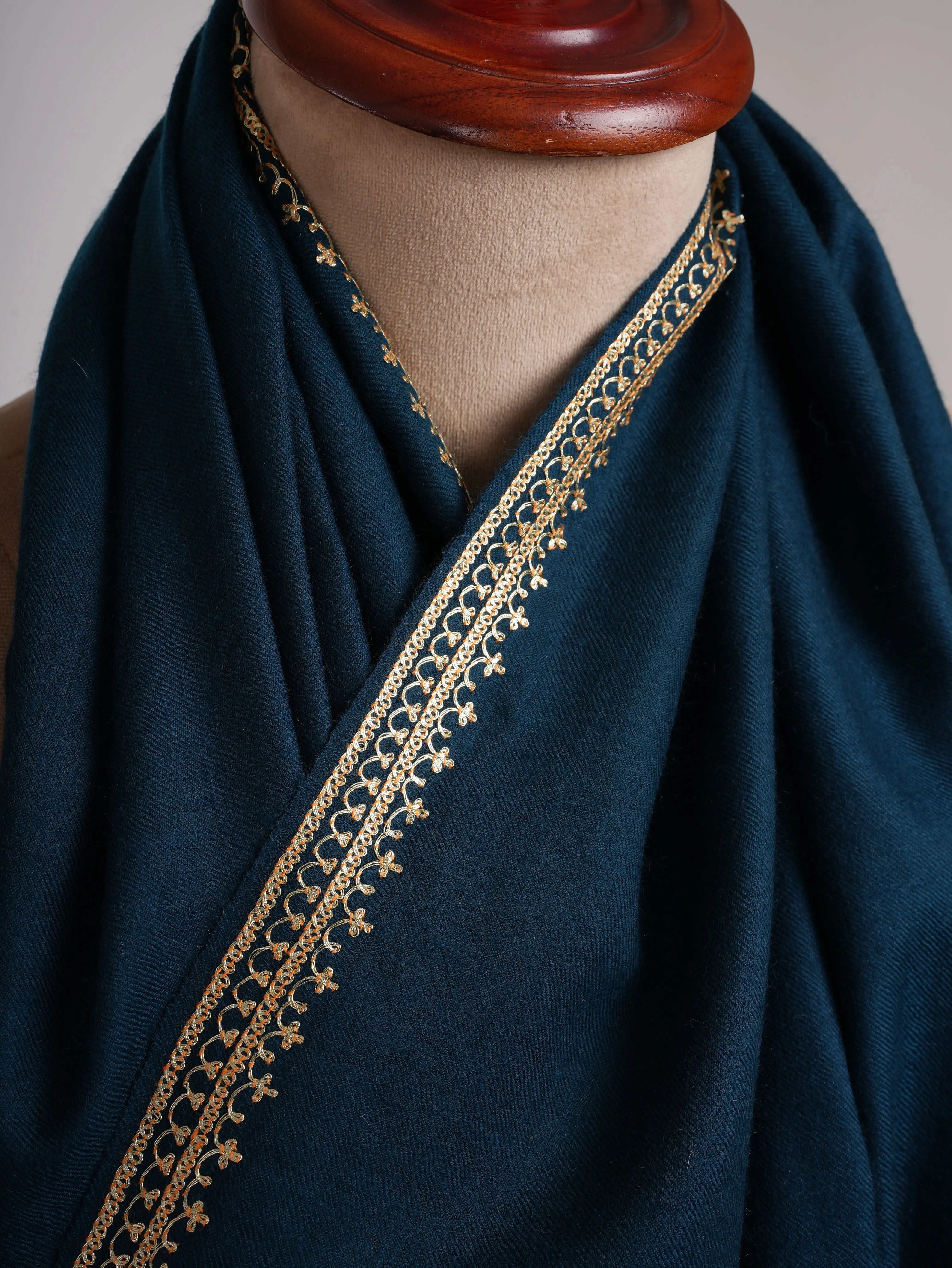 Ocean Blue Gold Tilla Embroidered Pure Pashmina Shawl Shahkaar