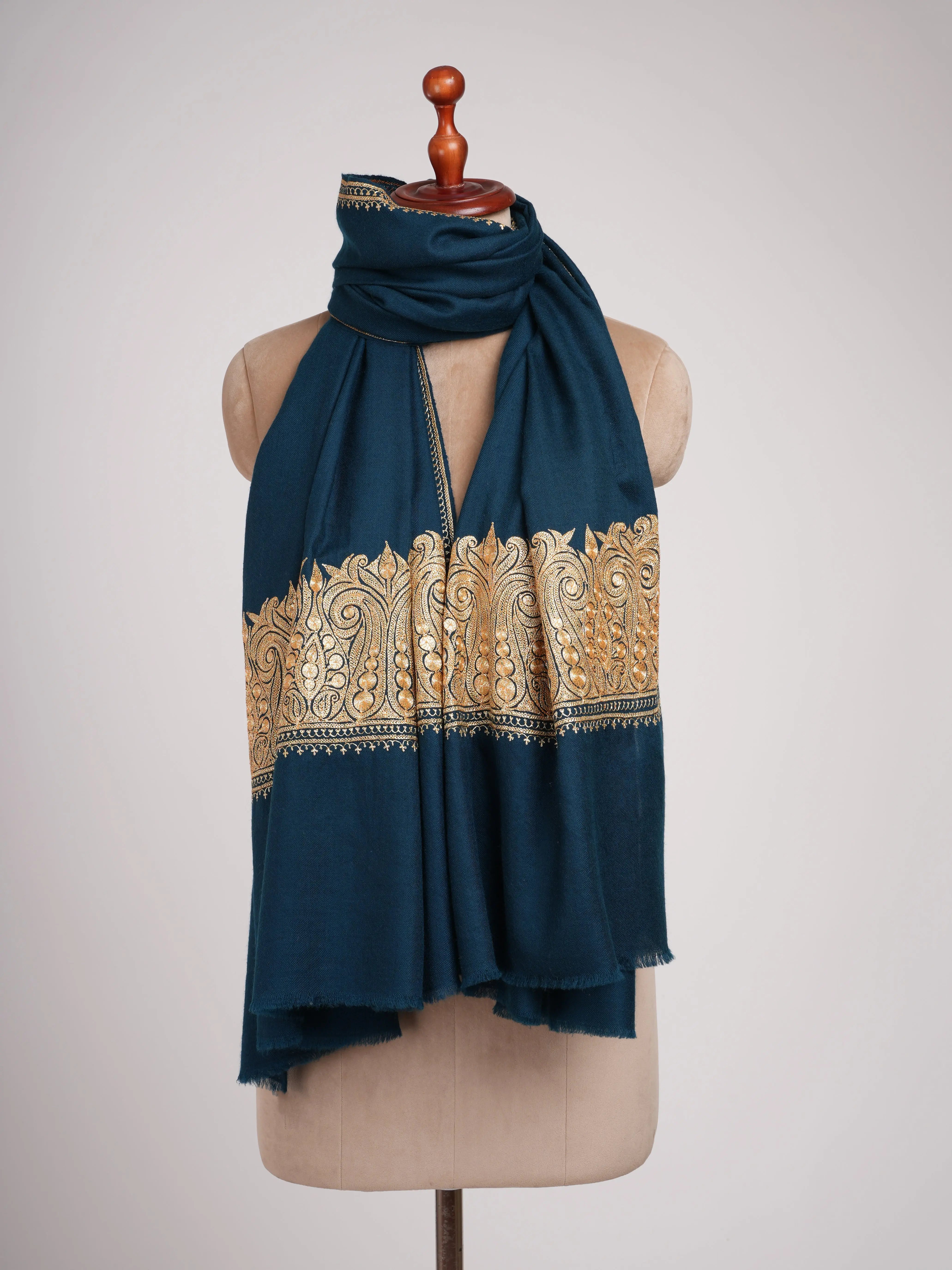 Ocean Blue Gold Tilla Embroidered Pure Pashmina Shawl Shahkaar