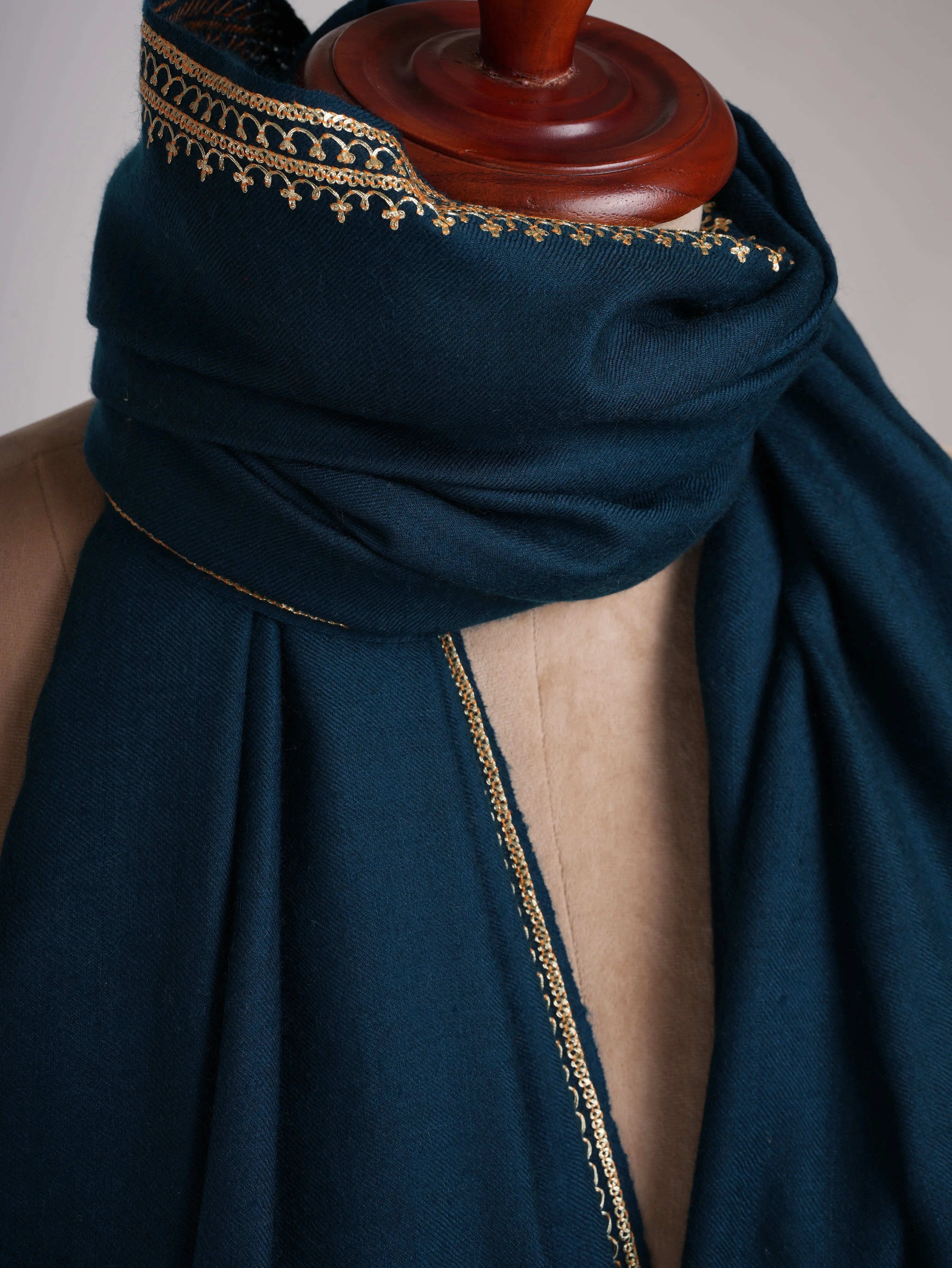 Ocean Blue Gold Tilla Embroidered Pure Pashmina Shawl Shahkaar