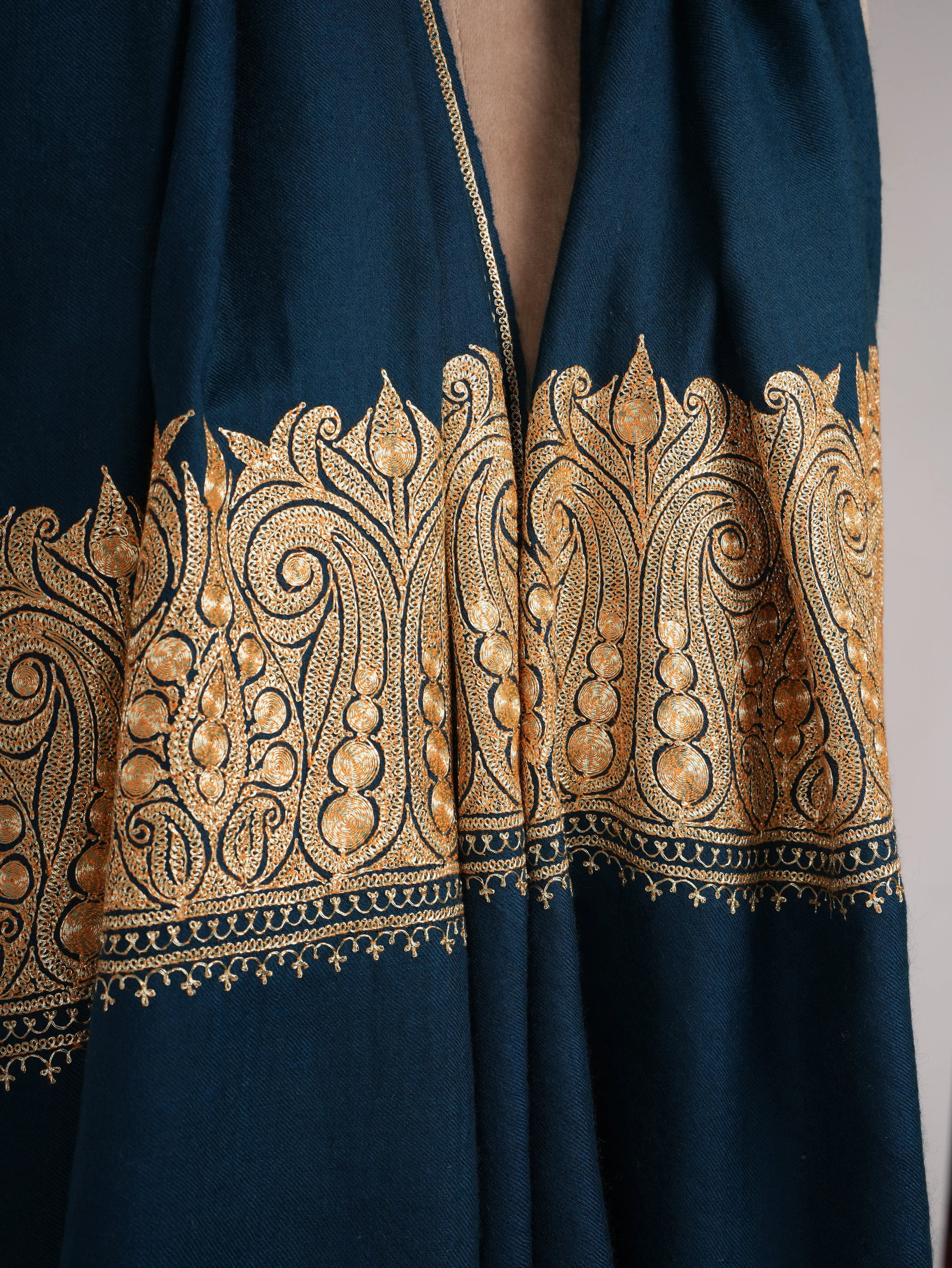 Ocean Blue Gold Tilla Embroidered Pure Pashmina Shawl Shahkaar