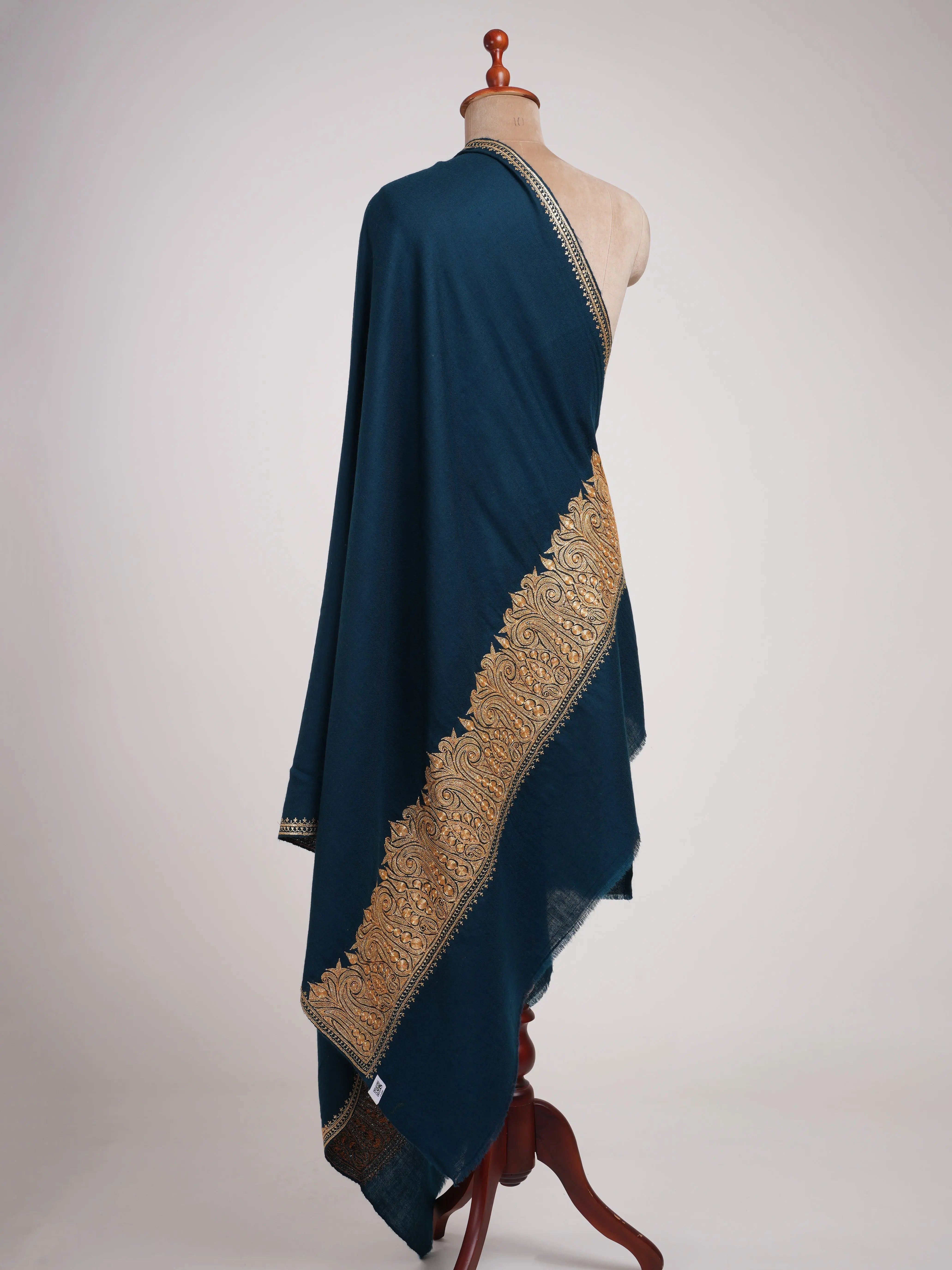 Ocean Blue Gold Tilla Embroidered Pure Pashmina Shawl Shahkaar
