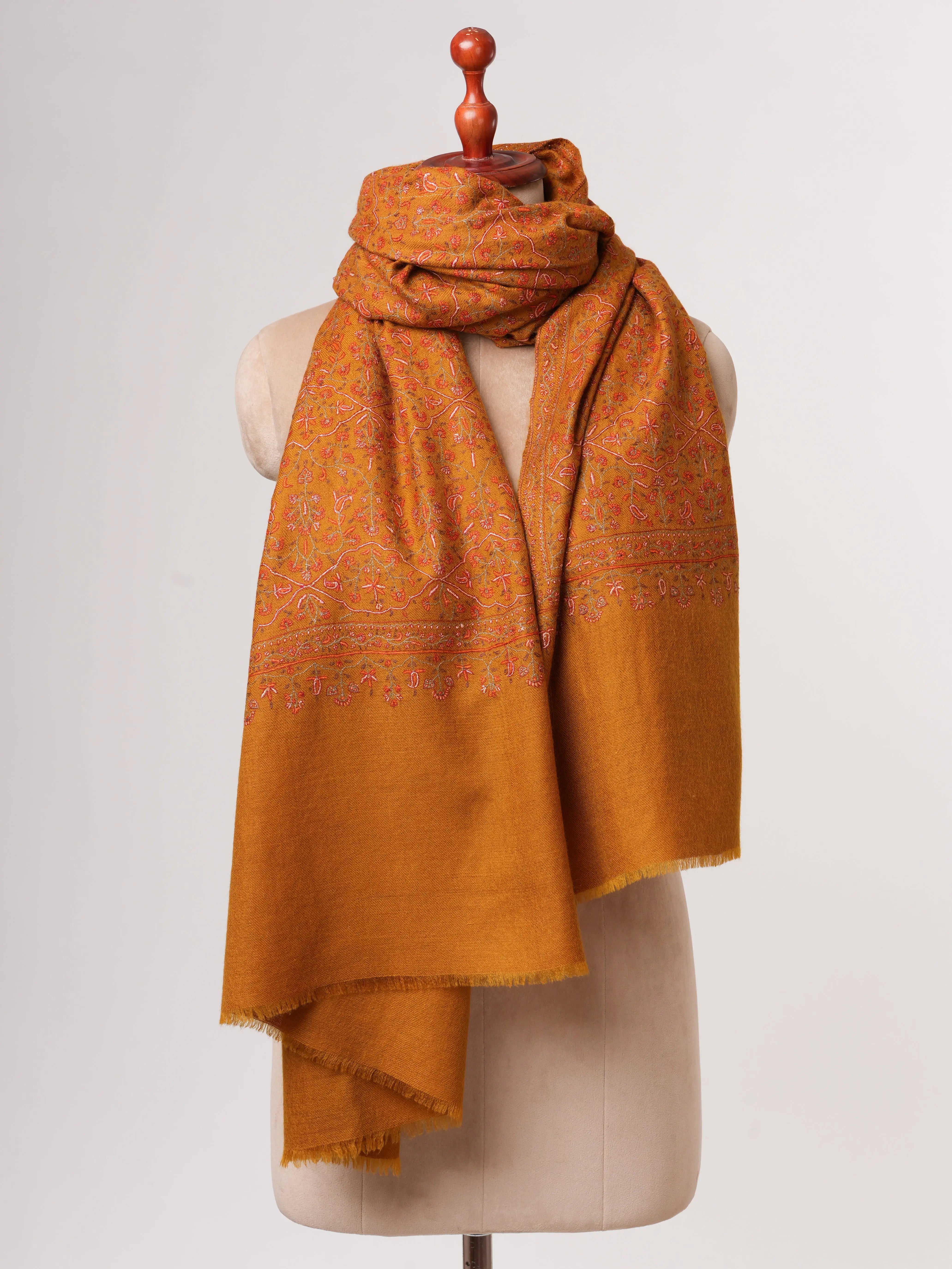 Ochre Hand Spun Authentic Kashmiri Pashmina Shawl Shahkaar