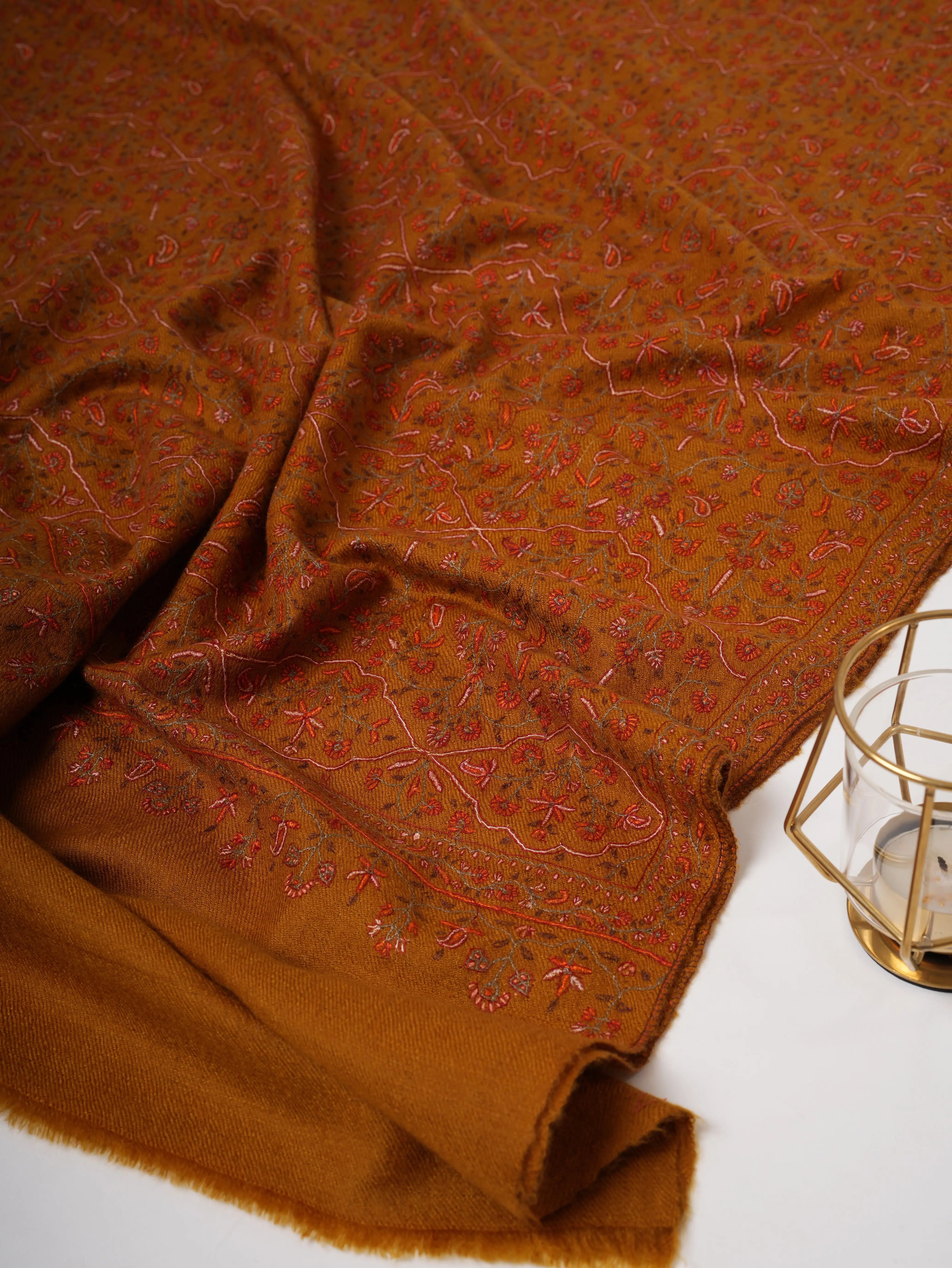 Ochre Hand Spun Authentic Kashmiri Pashmina Shawl Shahkaar
