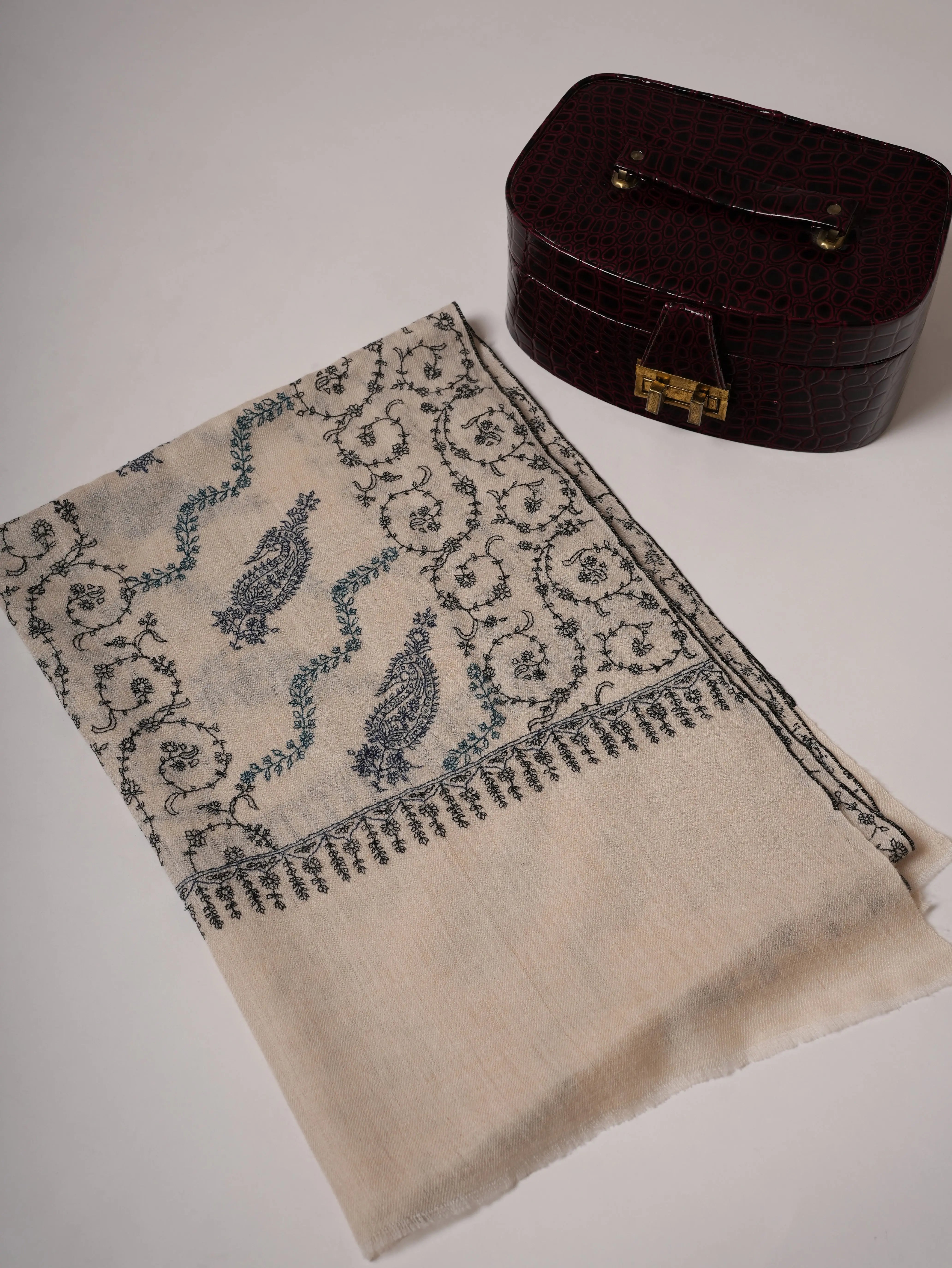 Off White All-Over Hand Embroidered Indian Cashmere Scarf Shahkaar