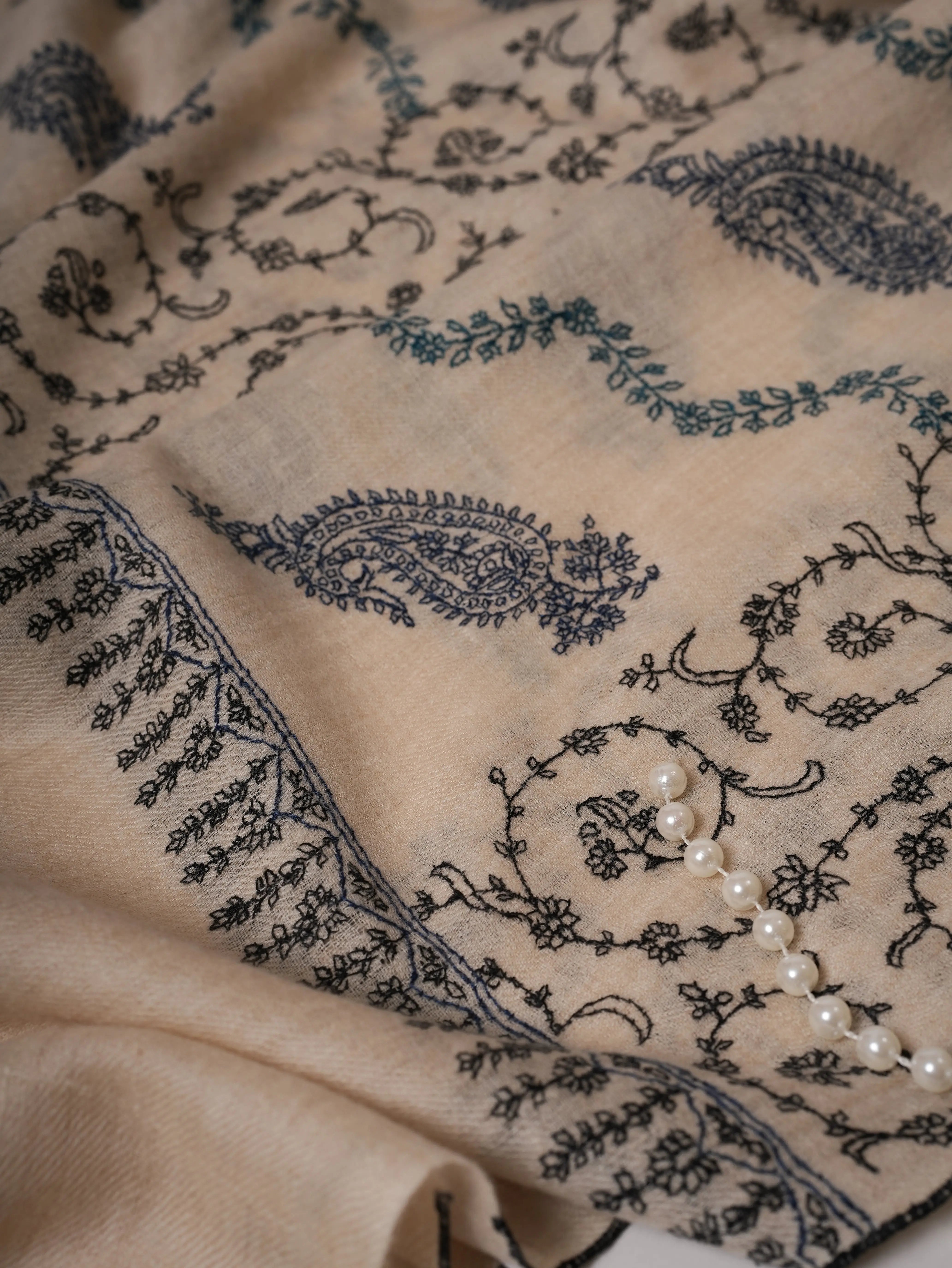 Off White All-Over Hand Embroidered Indian Cashmere Scarf Shahkaar