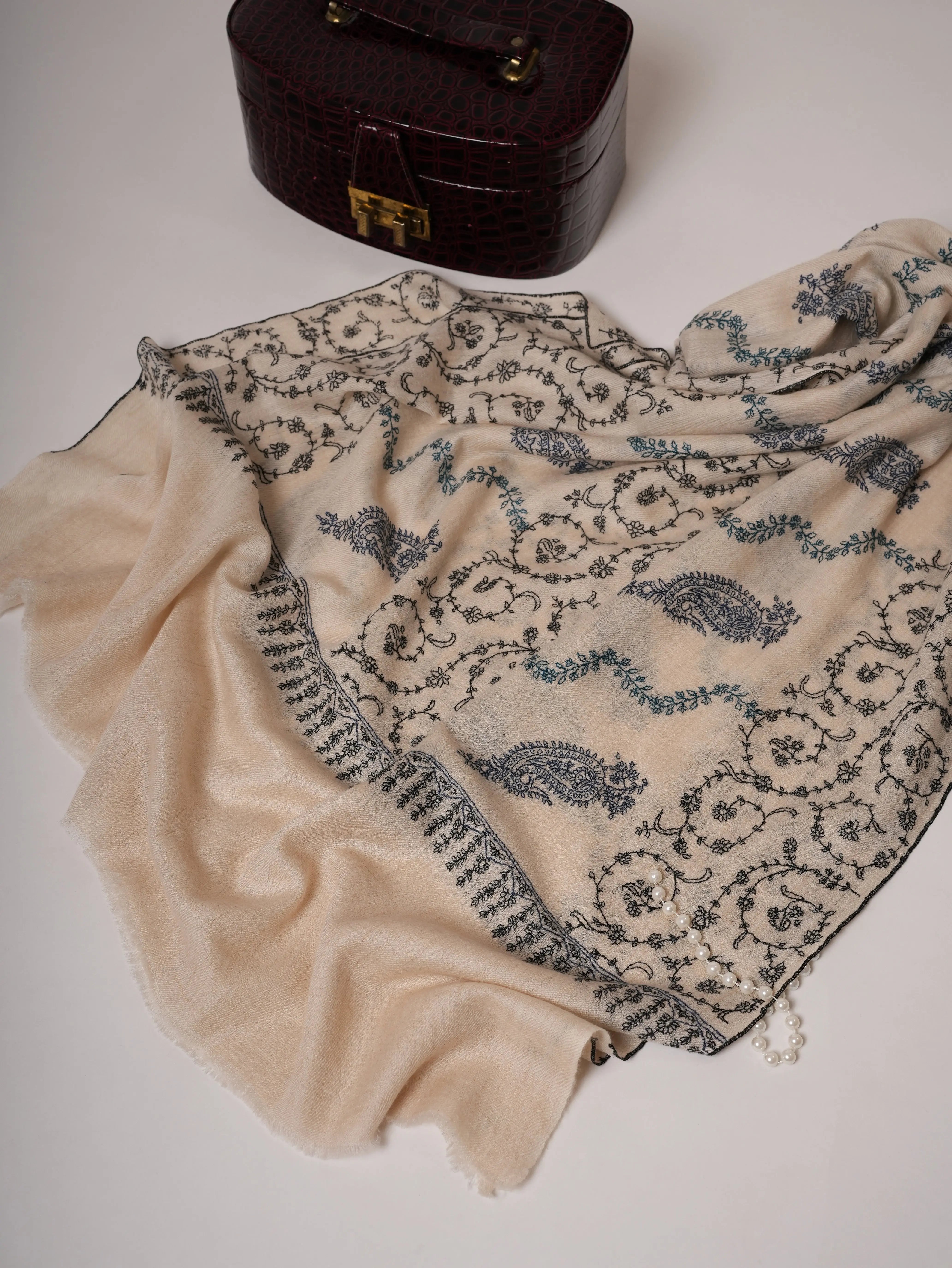 Off White All-Over Hand Embroidered Indian Cashmere Scarf Shahkaar