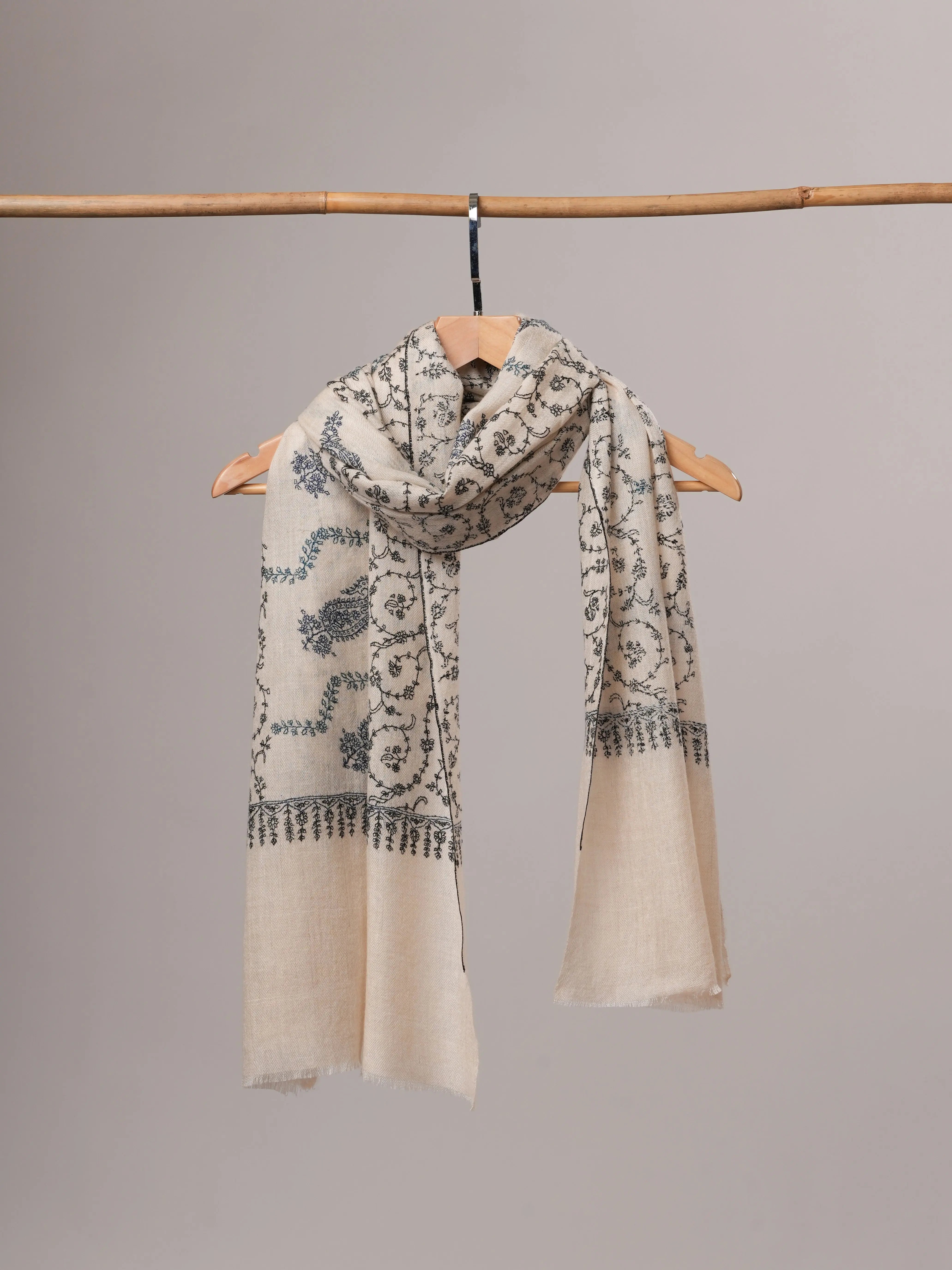 Off White All-Over Hand Embroidered Indian Cashmere Scarf Shahkaar
