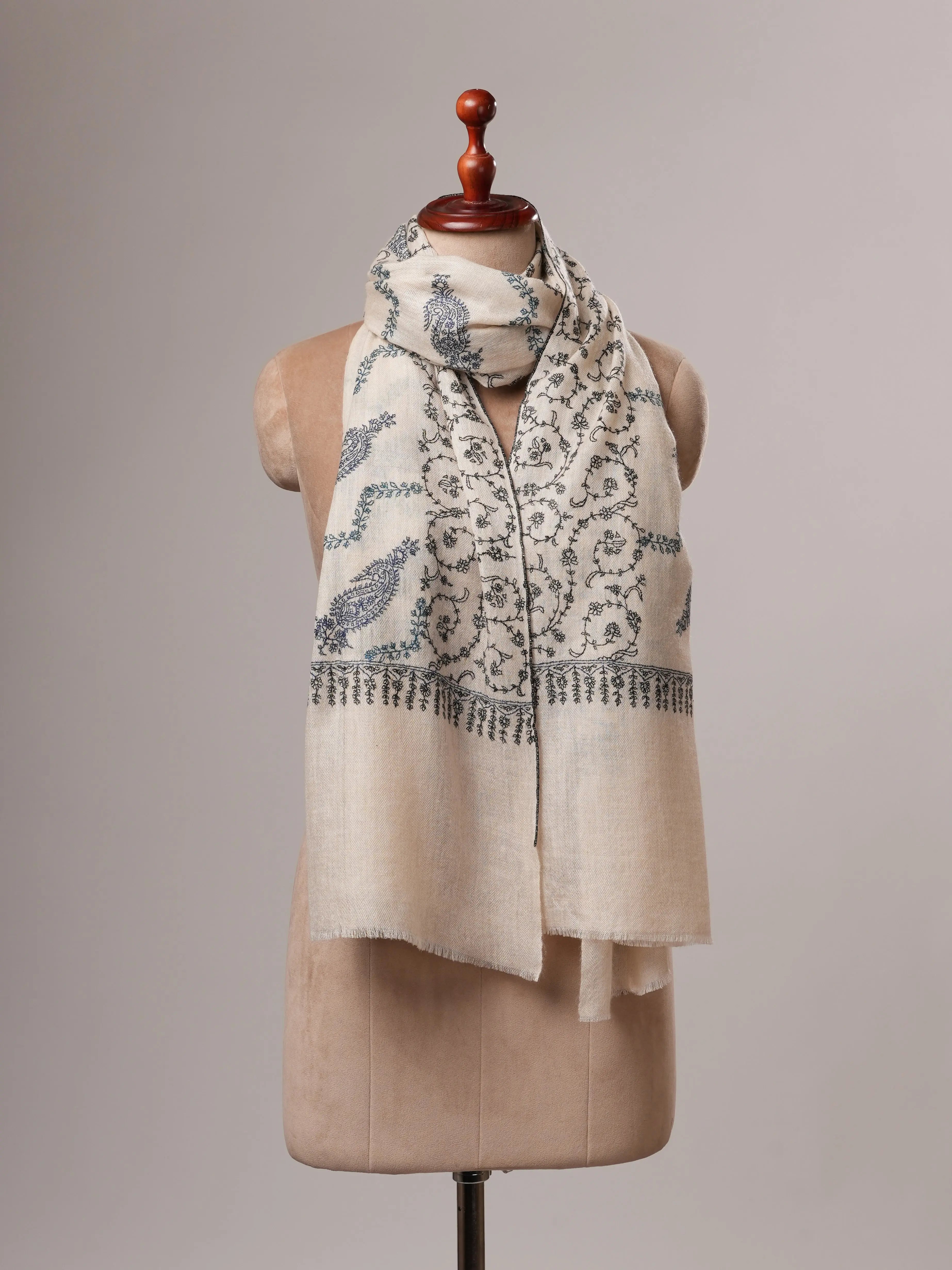 Off White All-Over Hand Embroidered Indian Cashmere Scarf Shahkaar