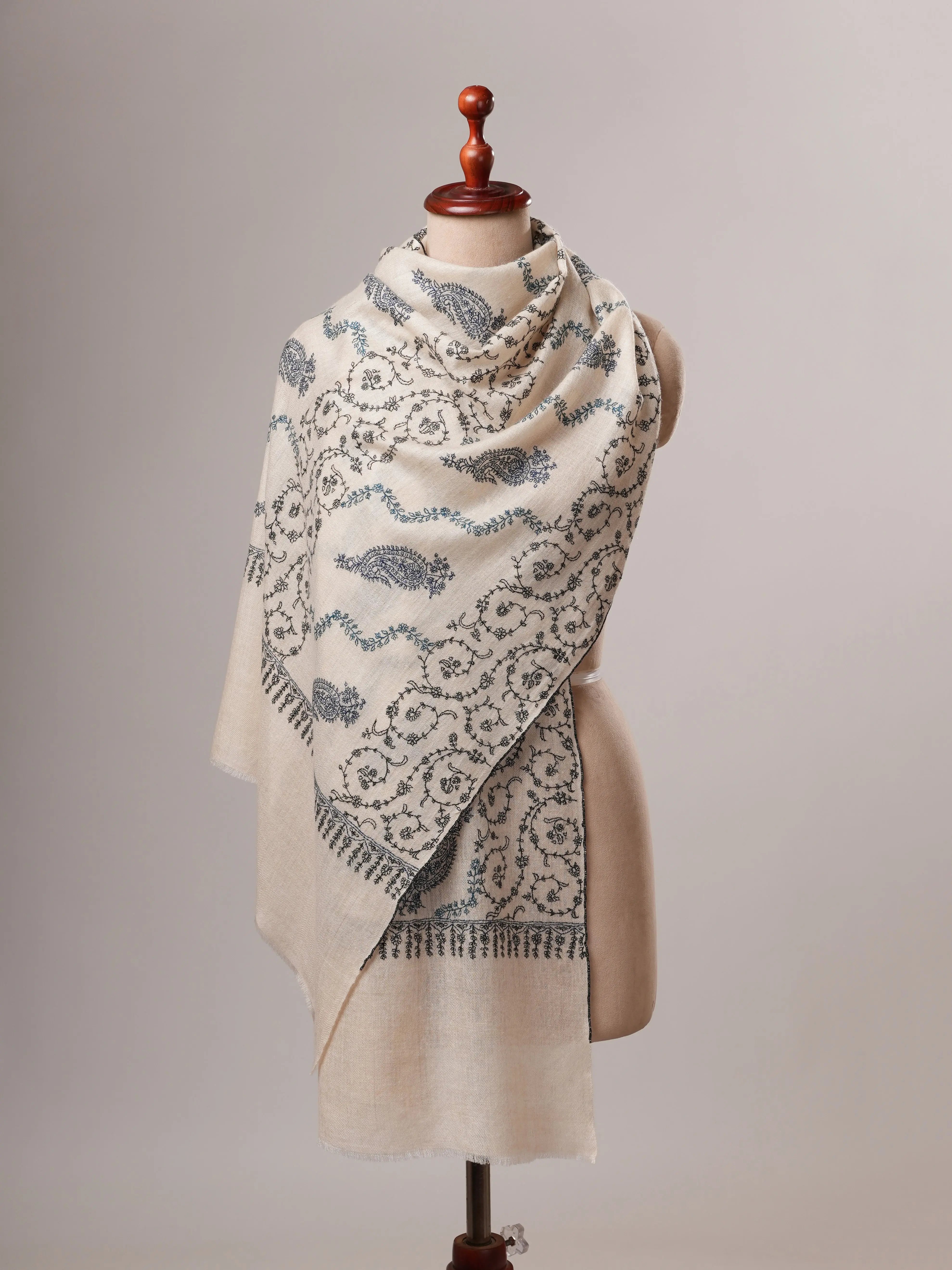 Off White All-Over Hand Embroidered Indian Cashmere Scarf Shahkaar