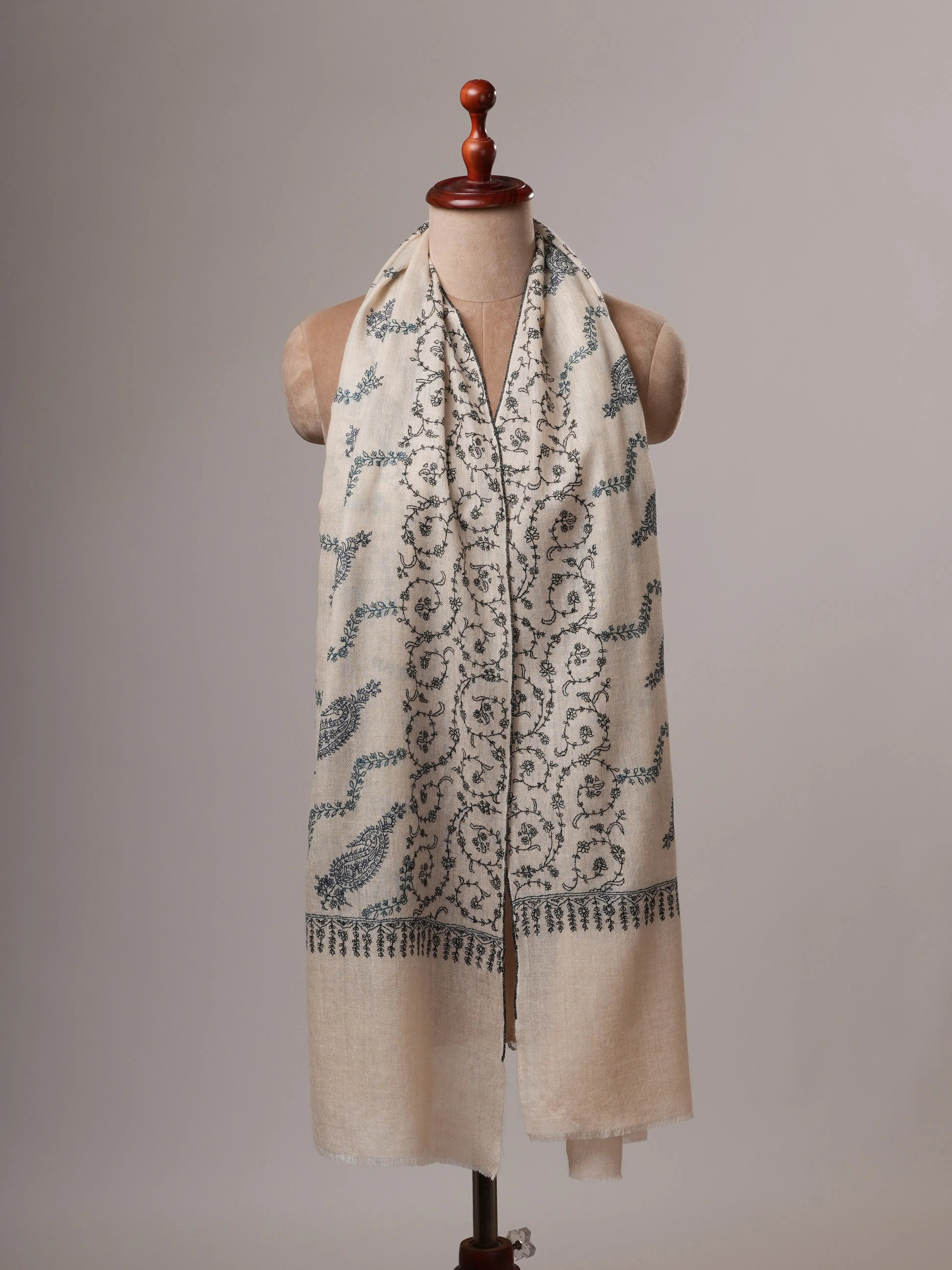 Off White All-Over Hand Embroidered Indian Cashmere Scarf Shahkaar