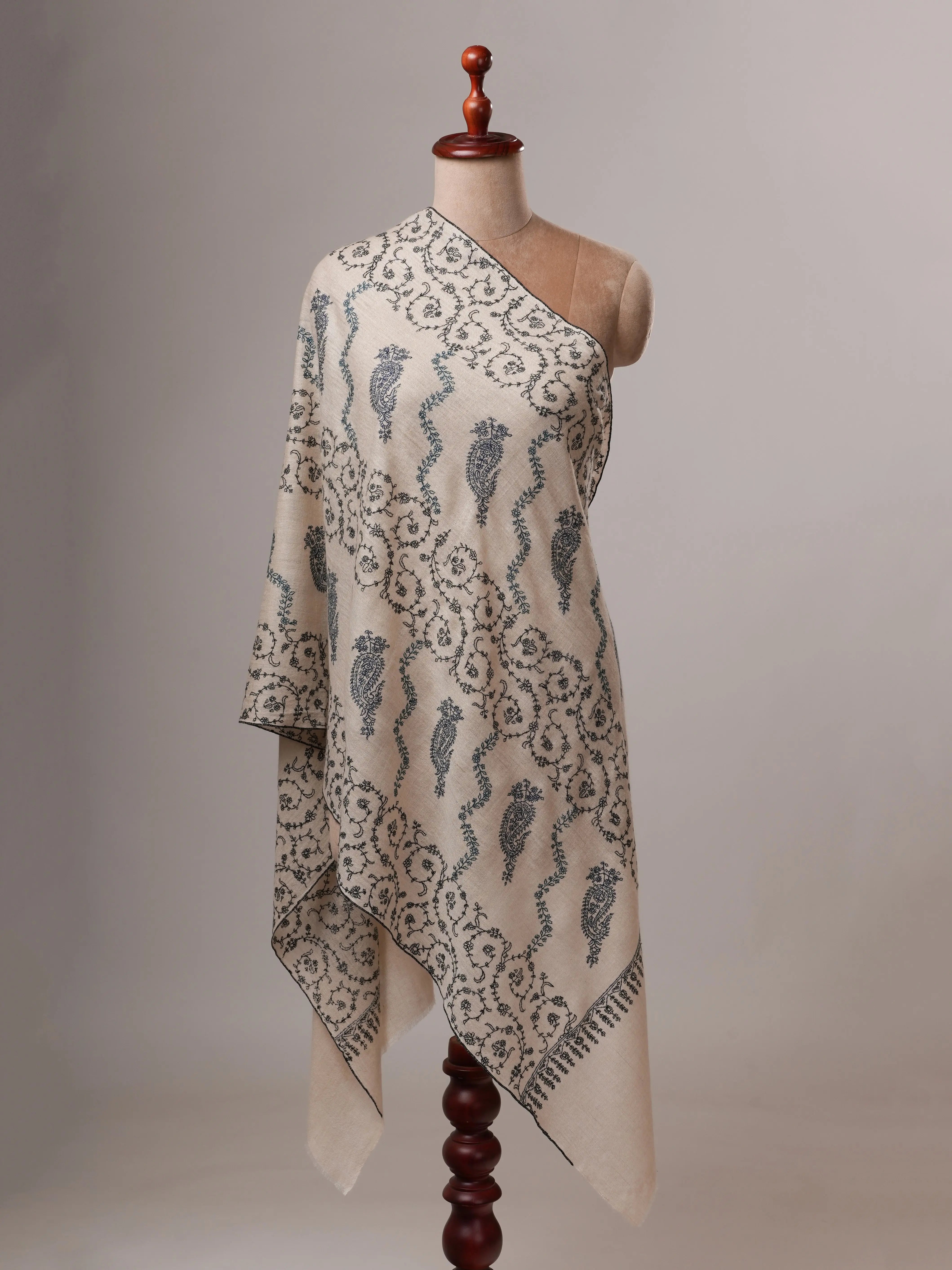 Off White All-Over Hand Embroidered Indian Cashmere Scarf Shahkaar