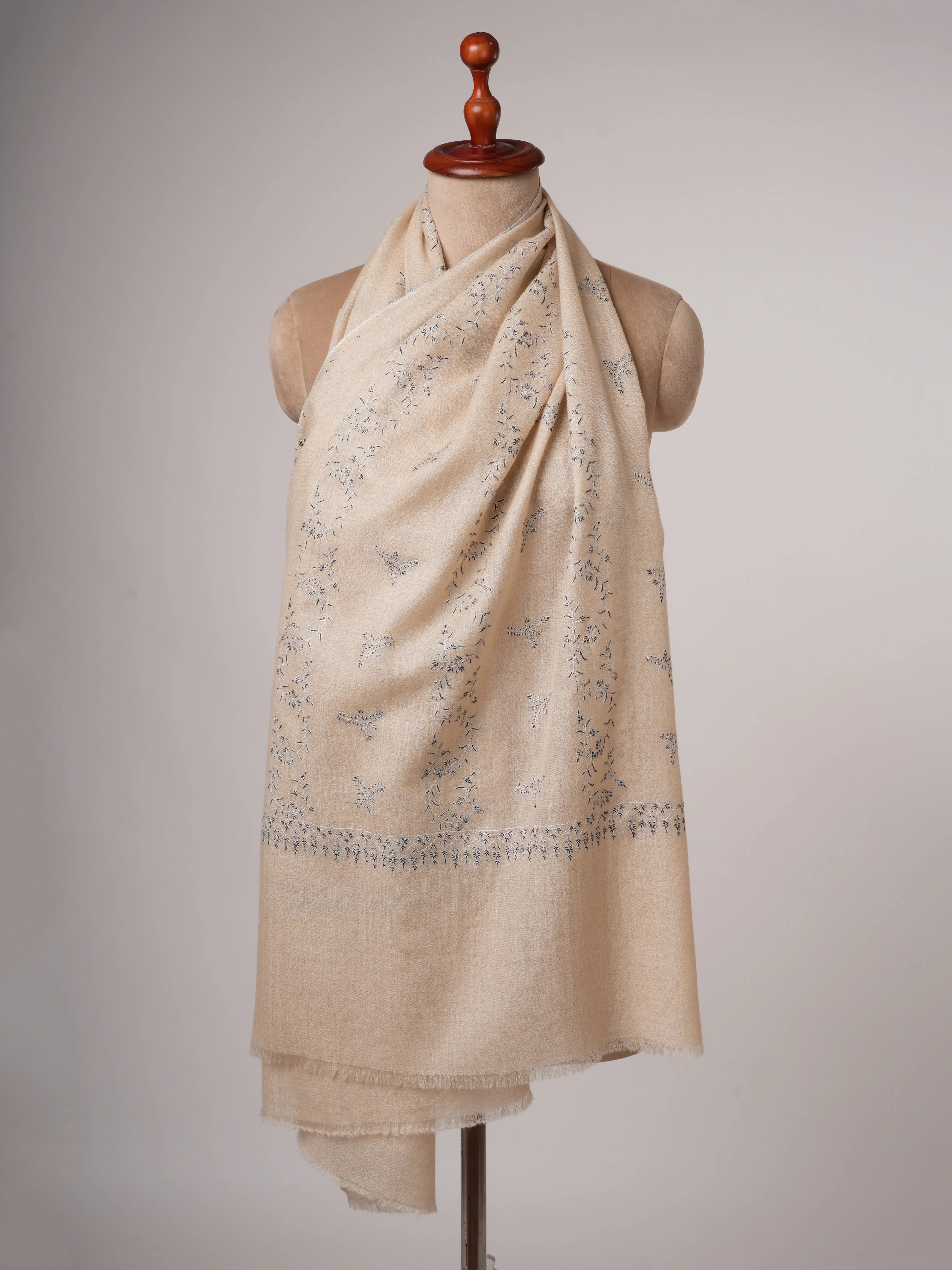 Off-White Cashmere Scarf with Black & White Hand Embroidery – Soft and Elegant Shahkaar