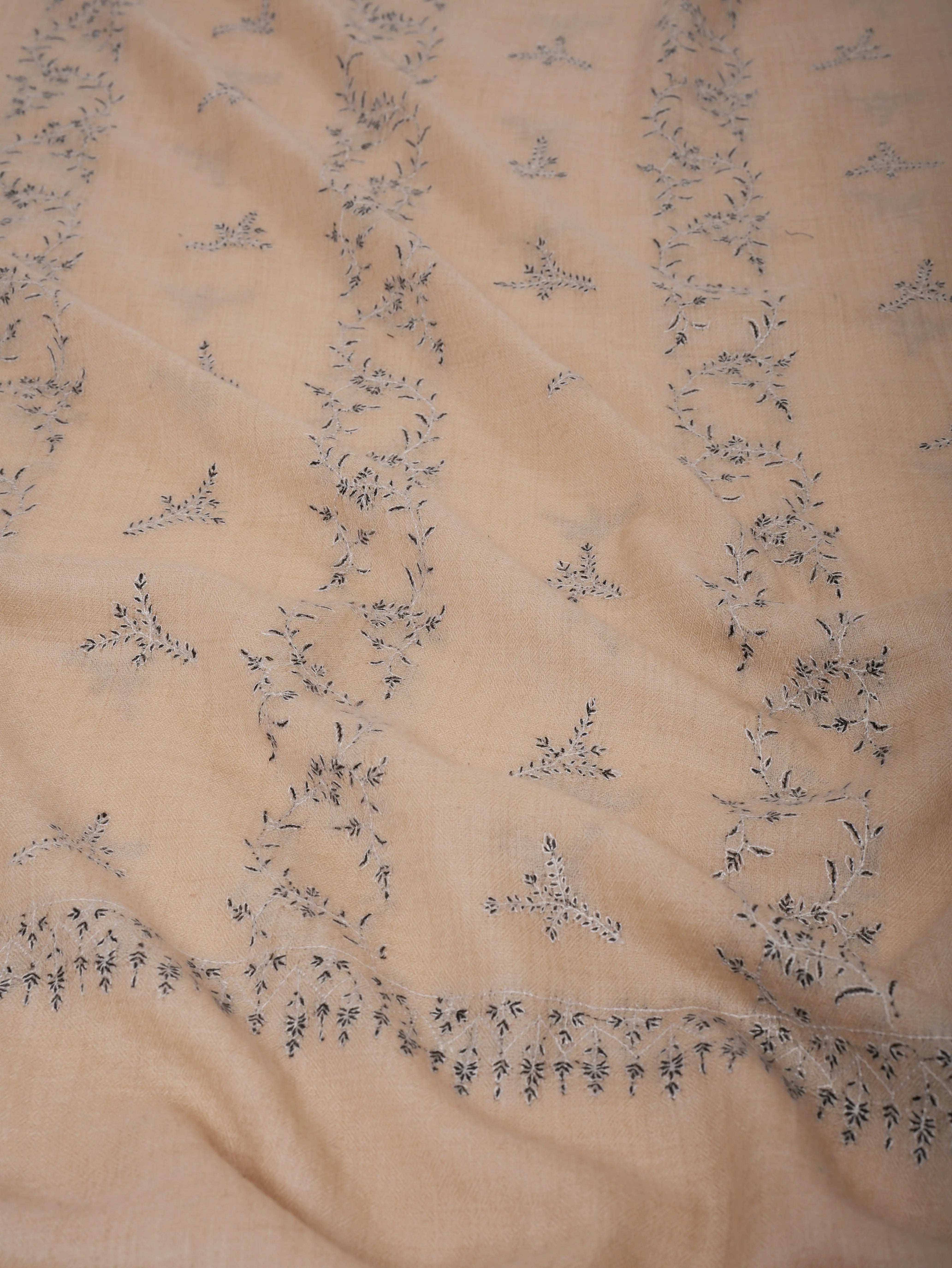 Off-White Cashmere Scarf with Black & White Hand Embroidery – Soft and Elegant Shahkaar