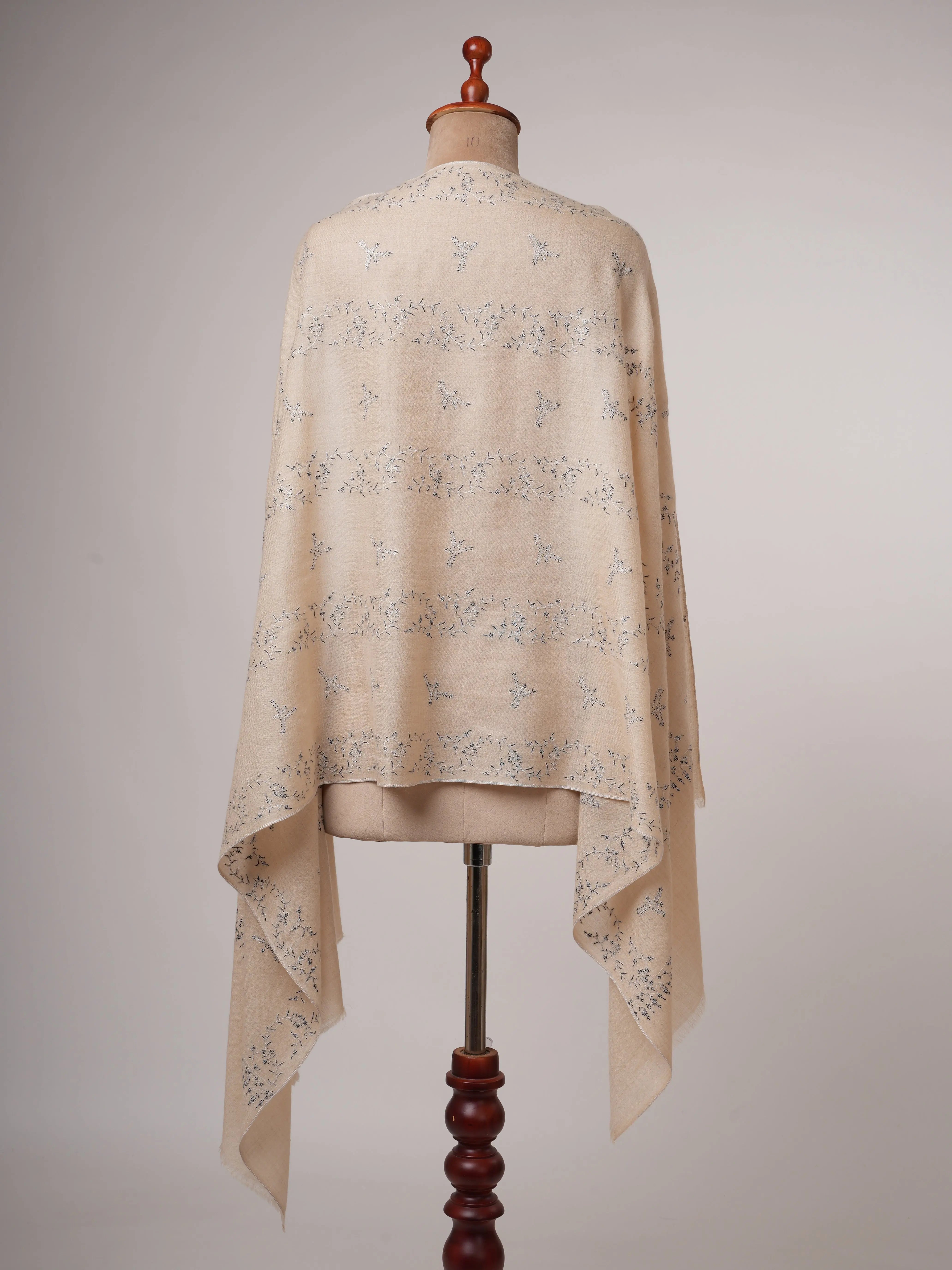 Off-White Cashmere Scarf with Black & White Hand Embroidery – Soft and Elegant Shahkaar