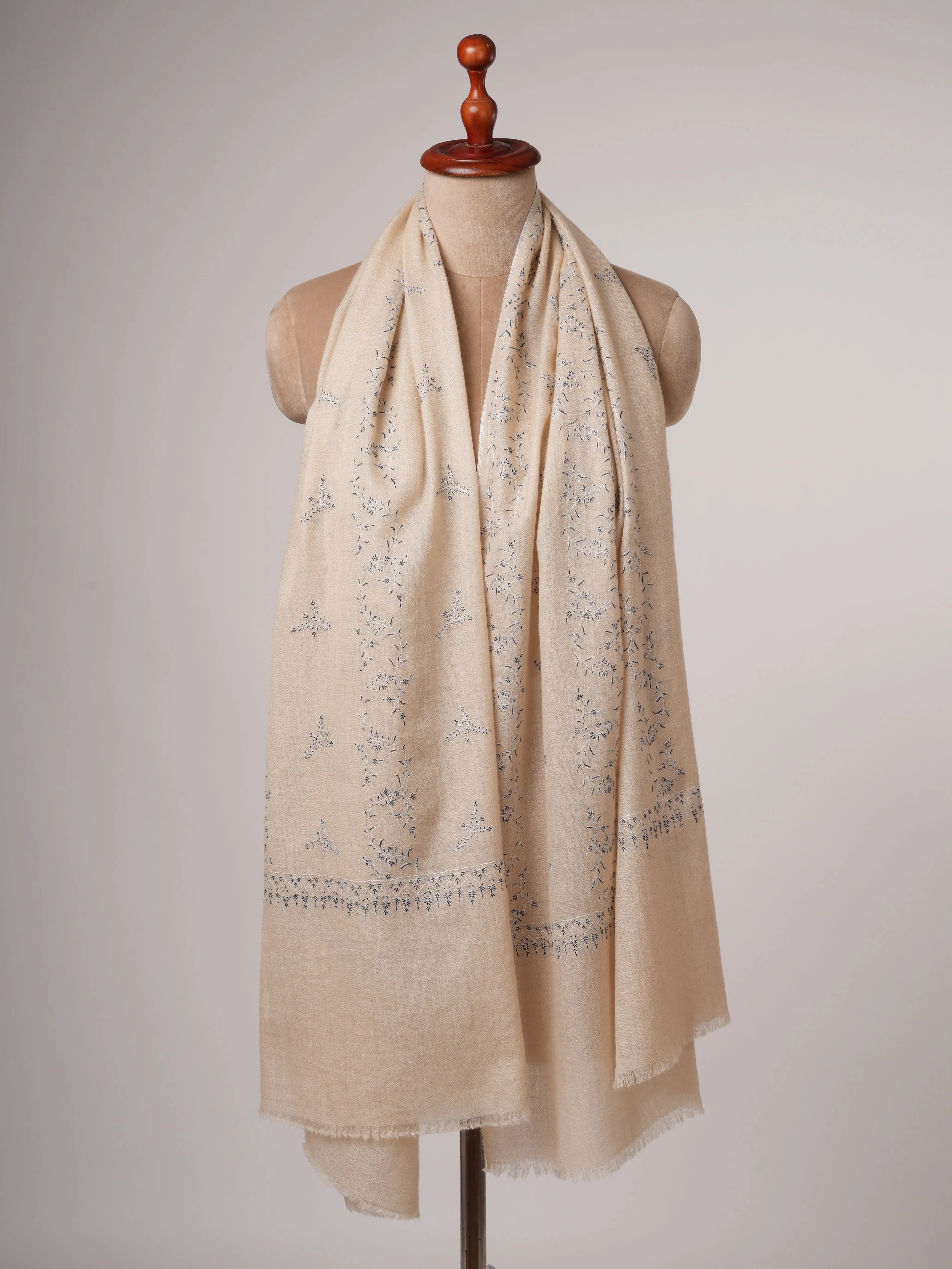 Off-White Cashmere Scarf with Black & White Hand Embroidery – Soft and Elegant Shahkaar