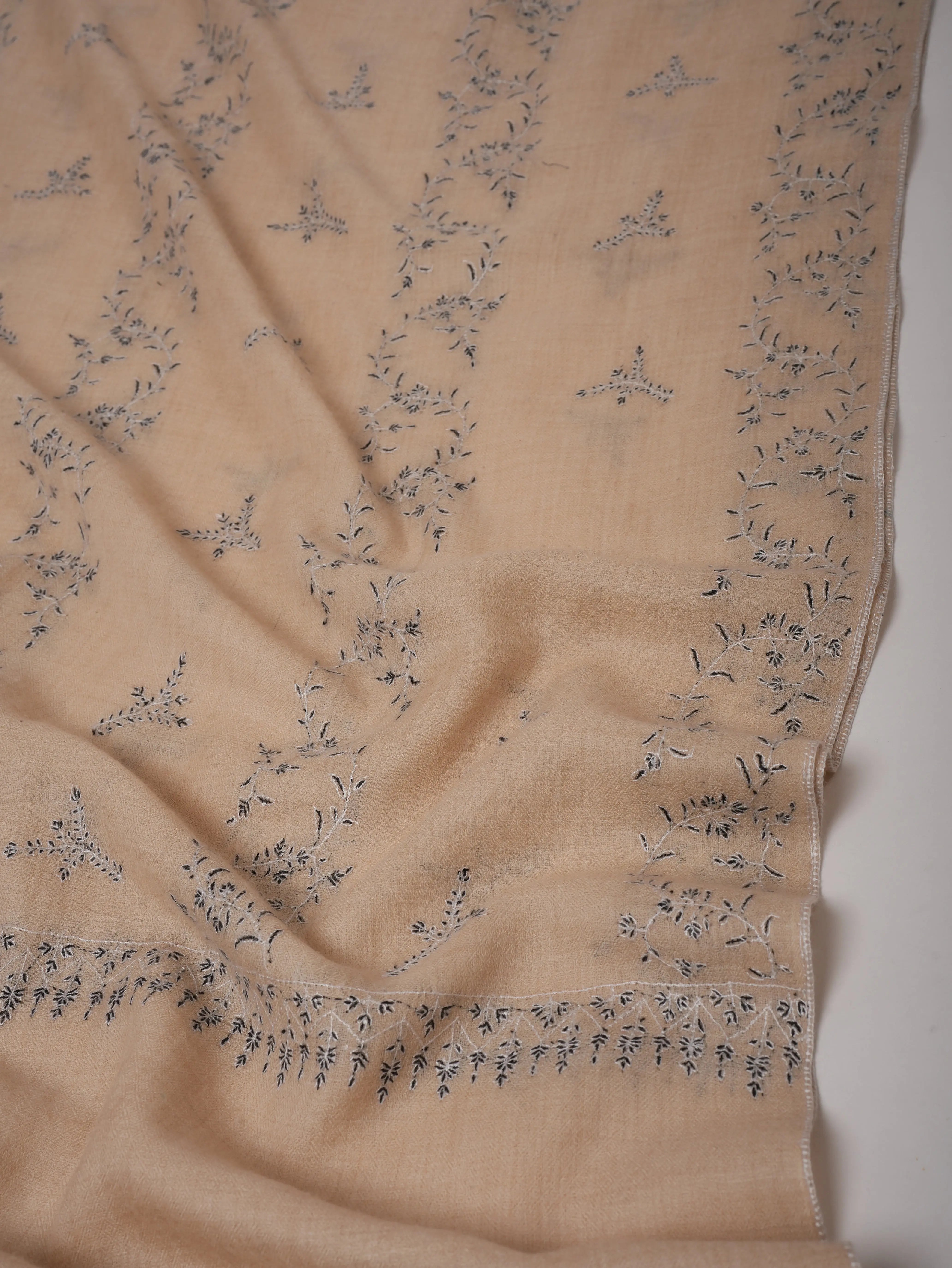 Off-White Cashmere Scarf with Black & White Hand Embroidery – Soft and Elegant Shahkaar