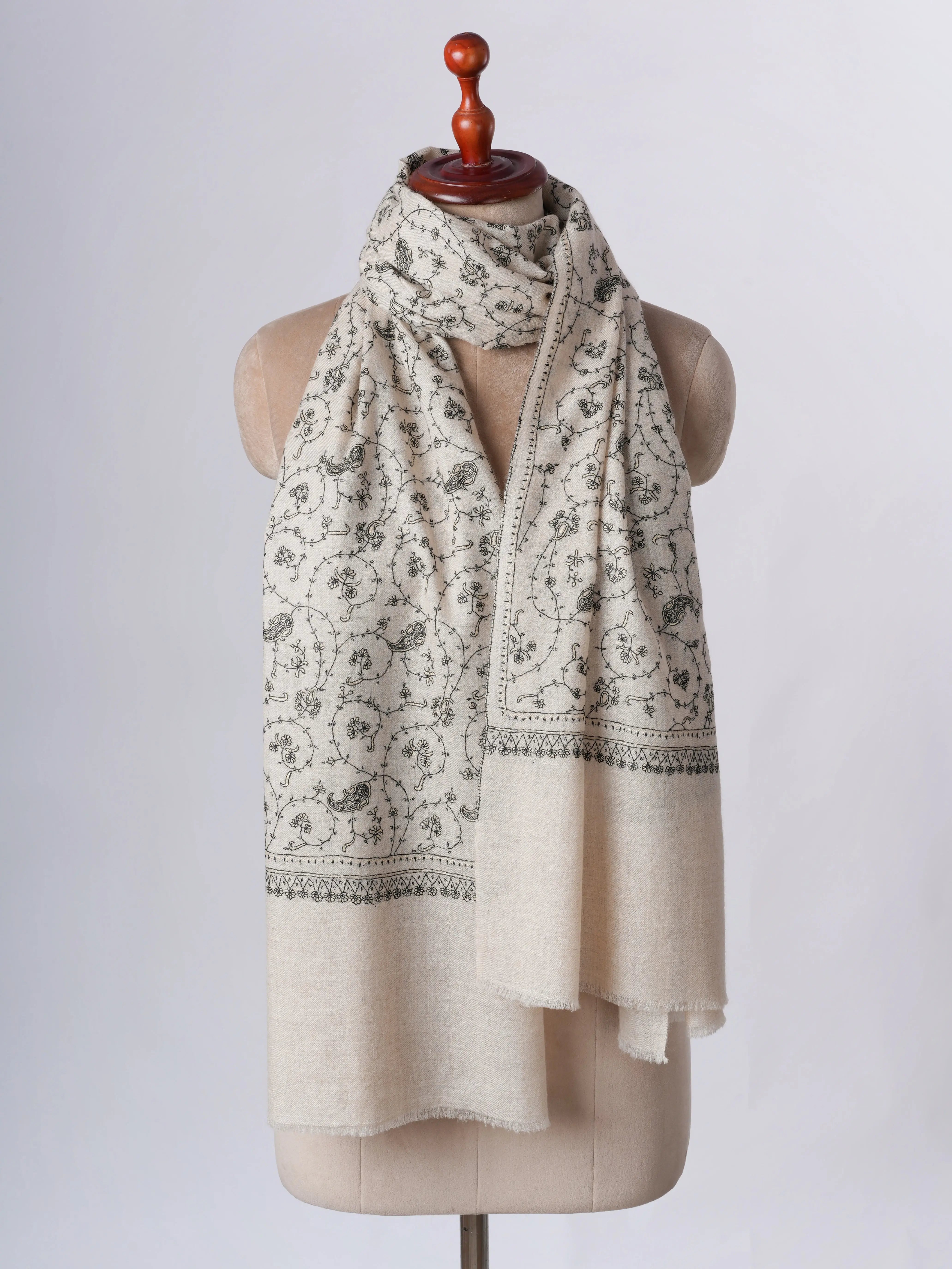 Off White Cashmere Scarf with Sozni Jaali Hand Embroidery Shahkaar