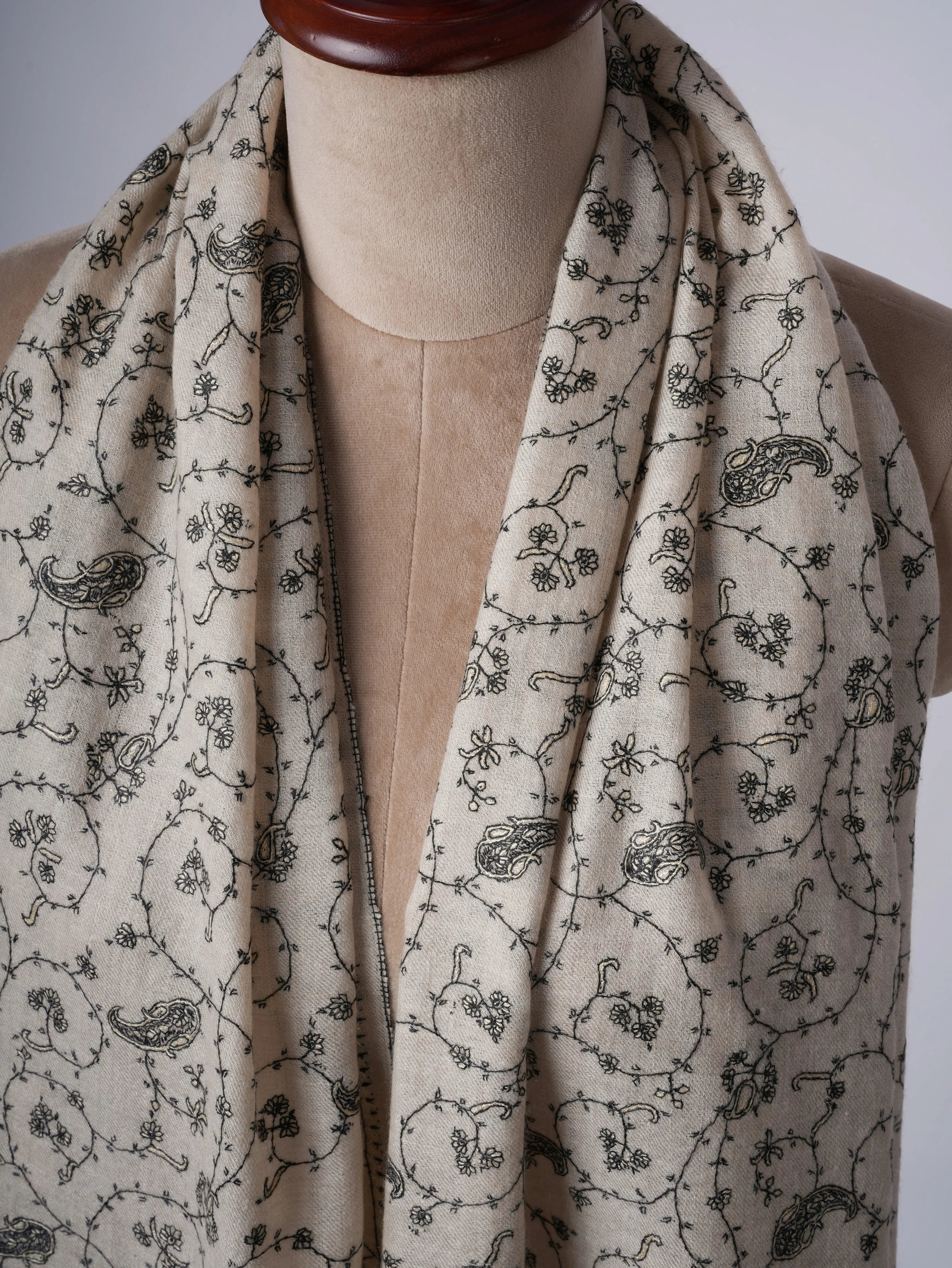 Off White Cashmere Scarf with Sozni Jaali Hand Embroidery Shahkaar