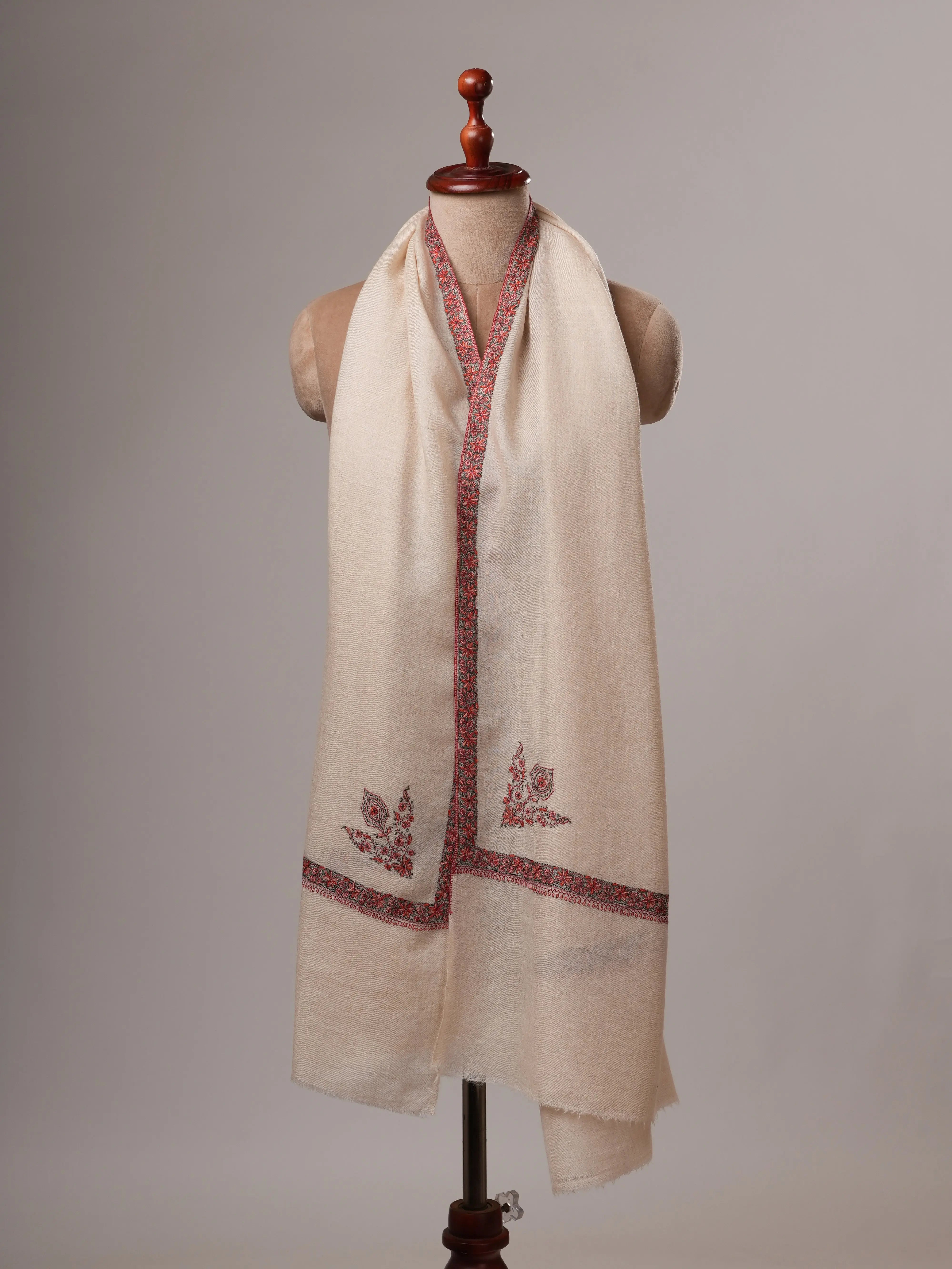 Off White Handwoven Baby Soft Cashmere Scarf with Classic Hashia Embroidery Shahkaar