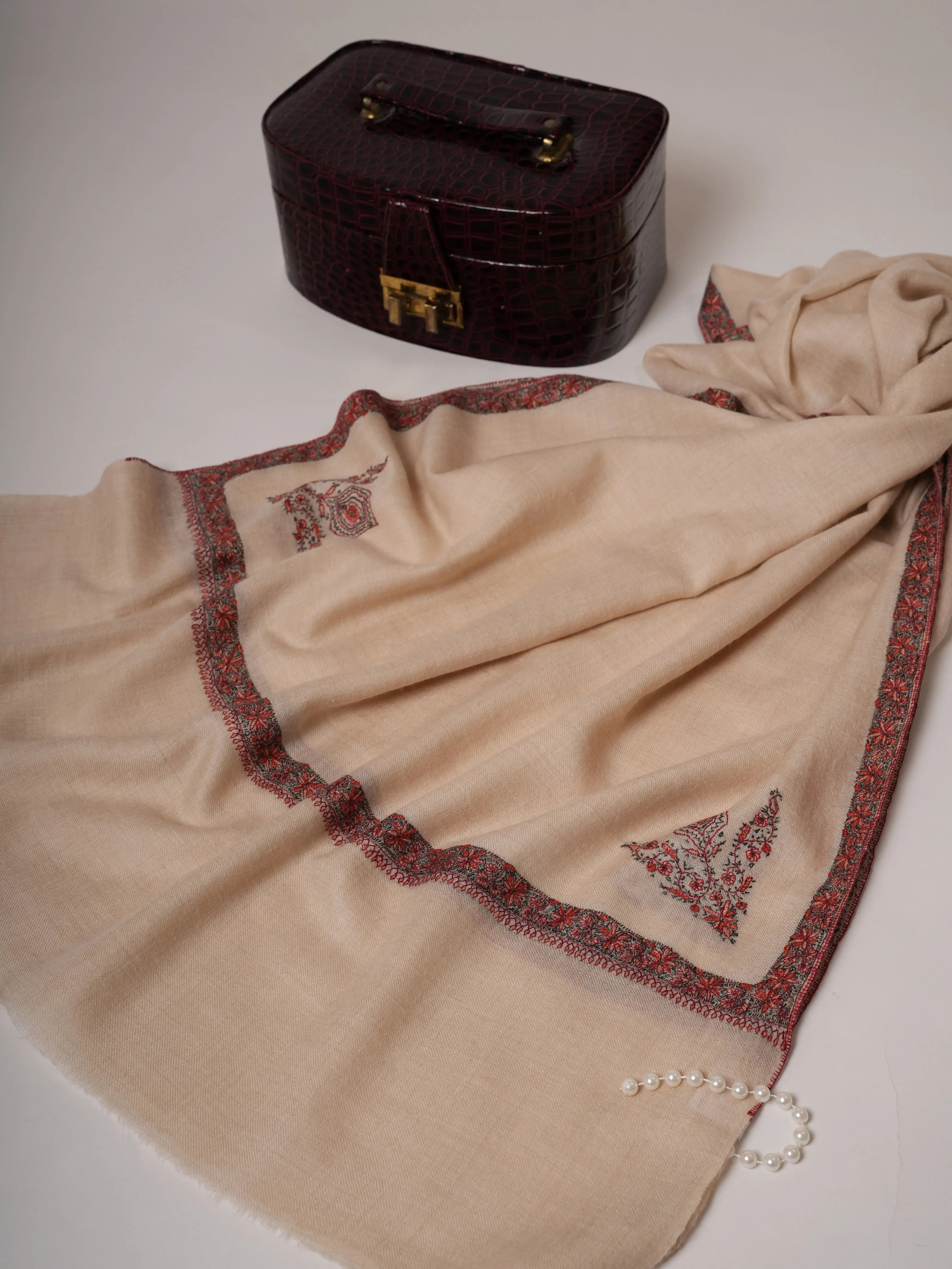 Off White Handwoven Baby Soft Cashmere Scarf with Classic Hashia Embroidery Shahkaar