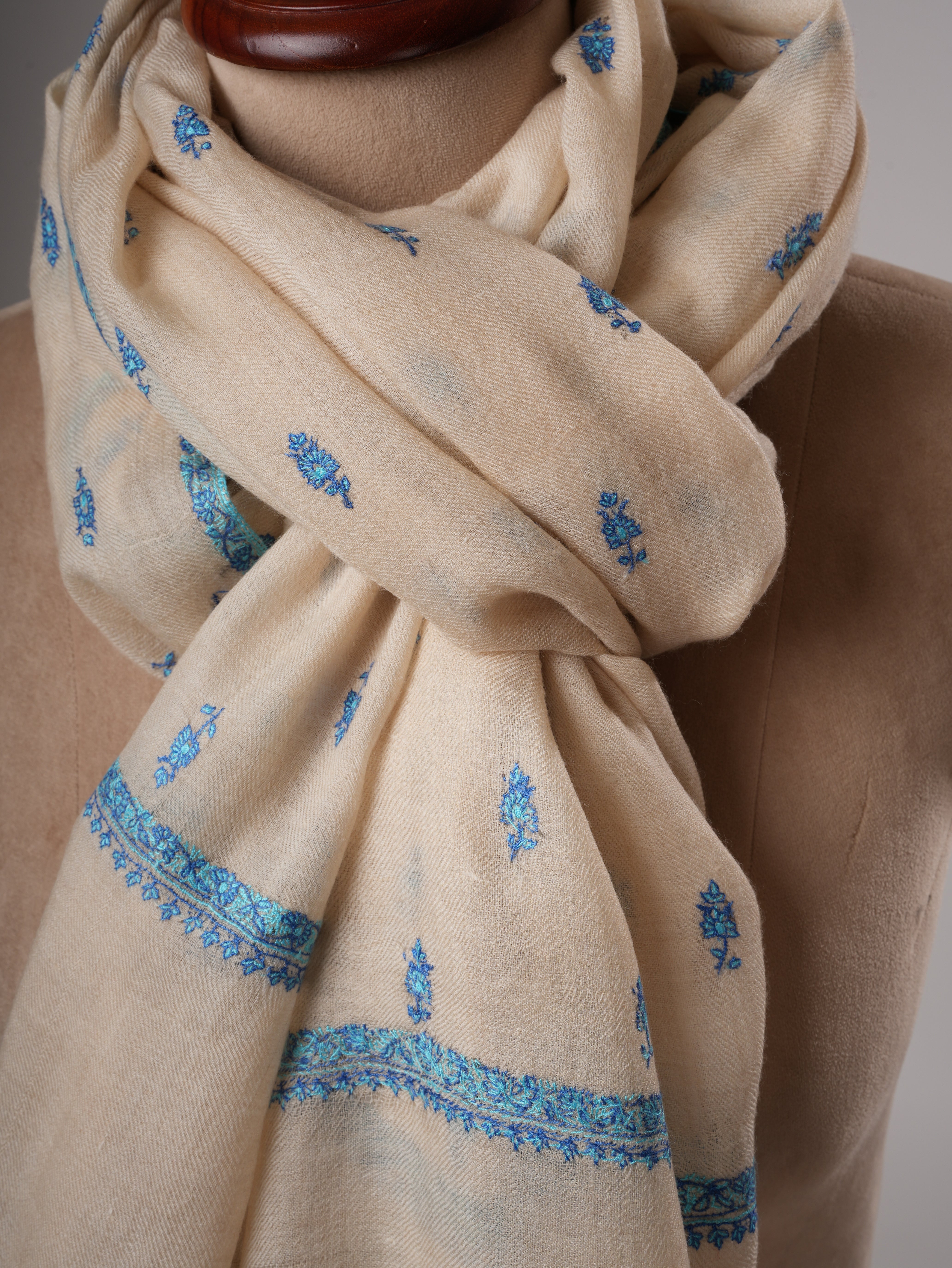 Off White Kashmiri Pashmina Shawl with Turquoise Buteh Embroidery Shahkaar