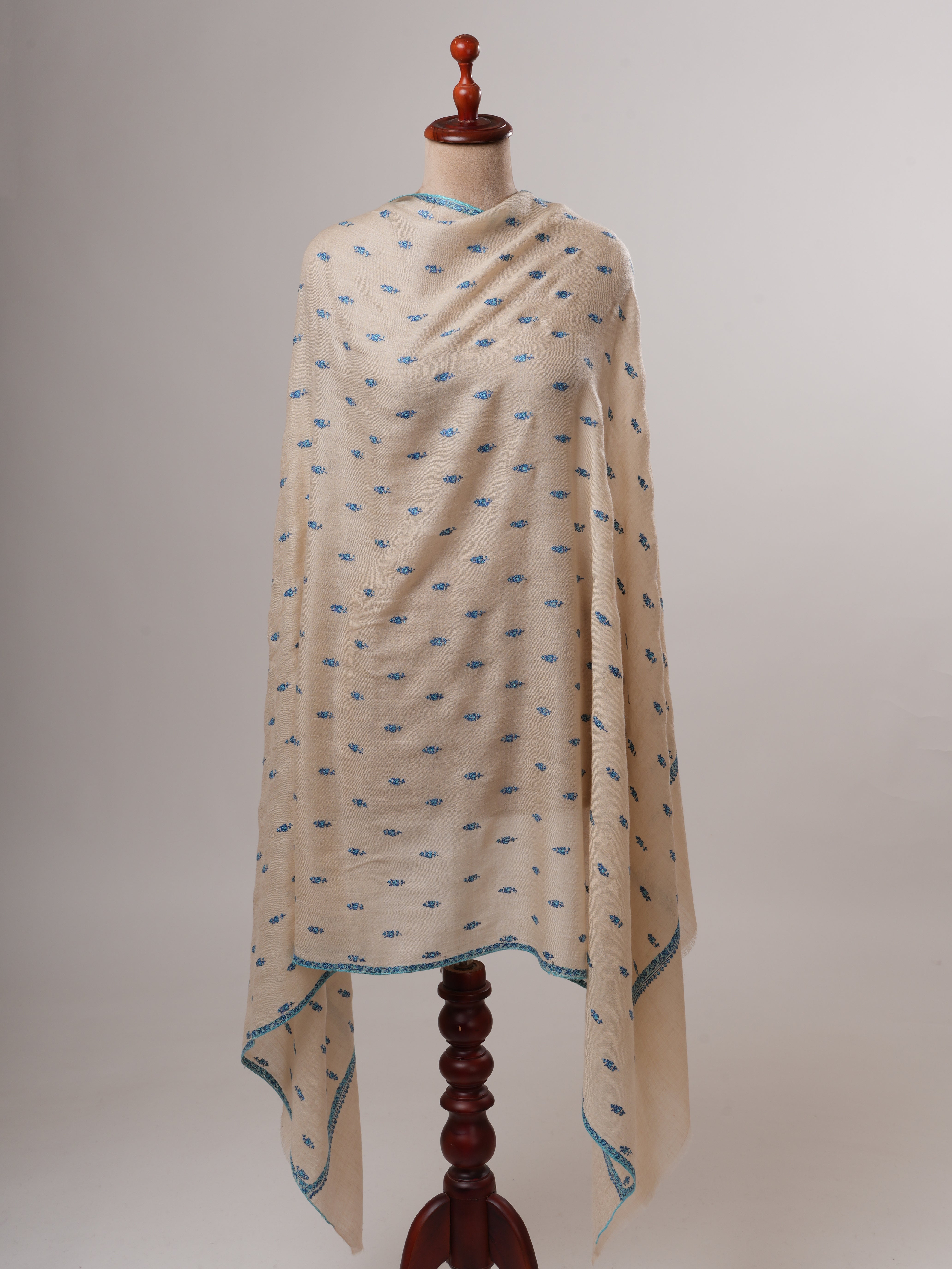 Off White Kashmiri Pashmina Shawl with Turquoise Buteh Embroidery Shahkaar