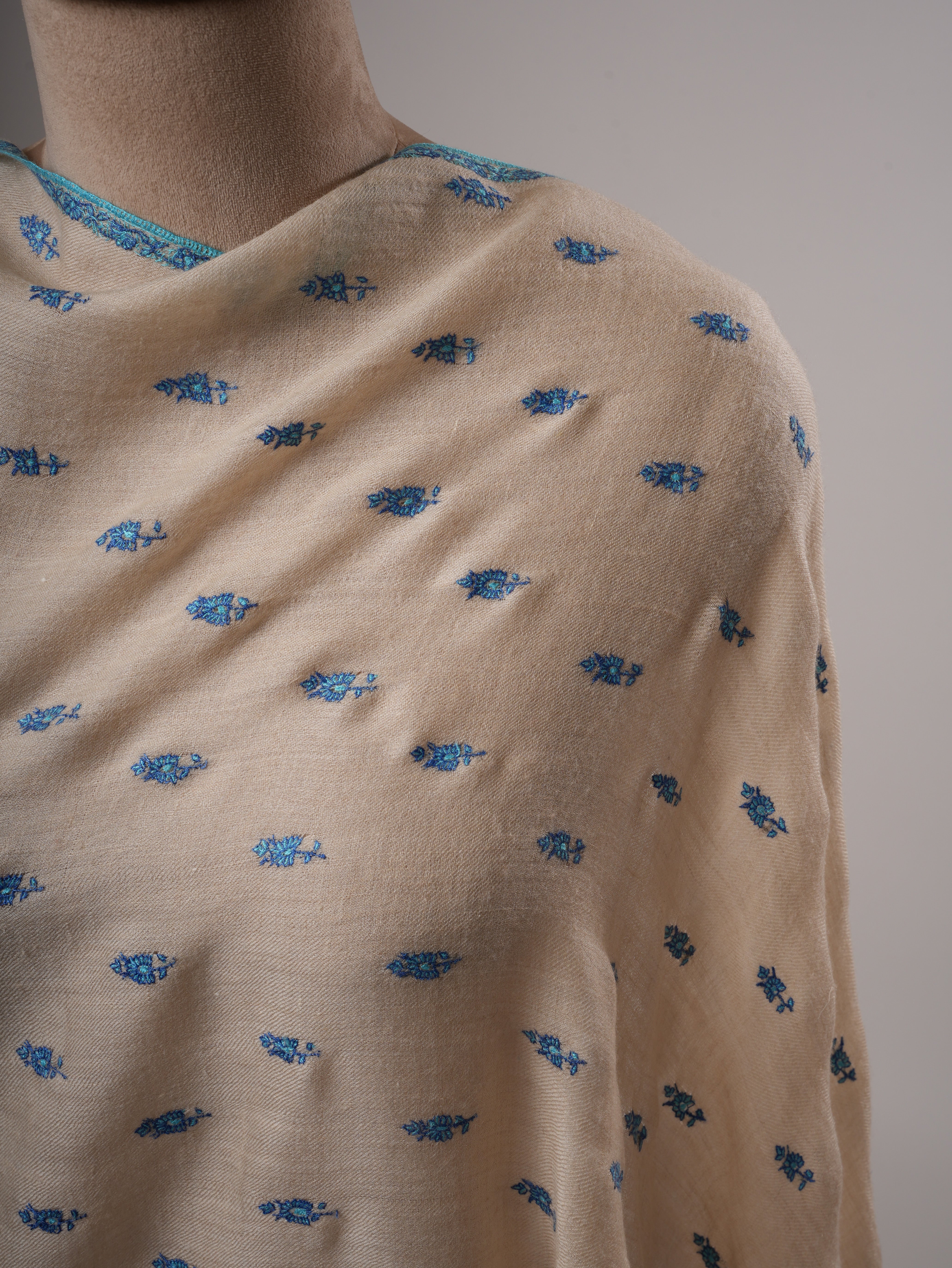 Off White Kashmiri Pashmina Shawl with Turquoise Buteh Embroidery Shahkaar