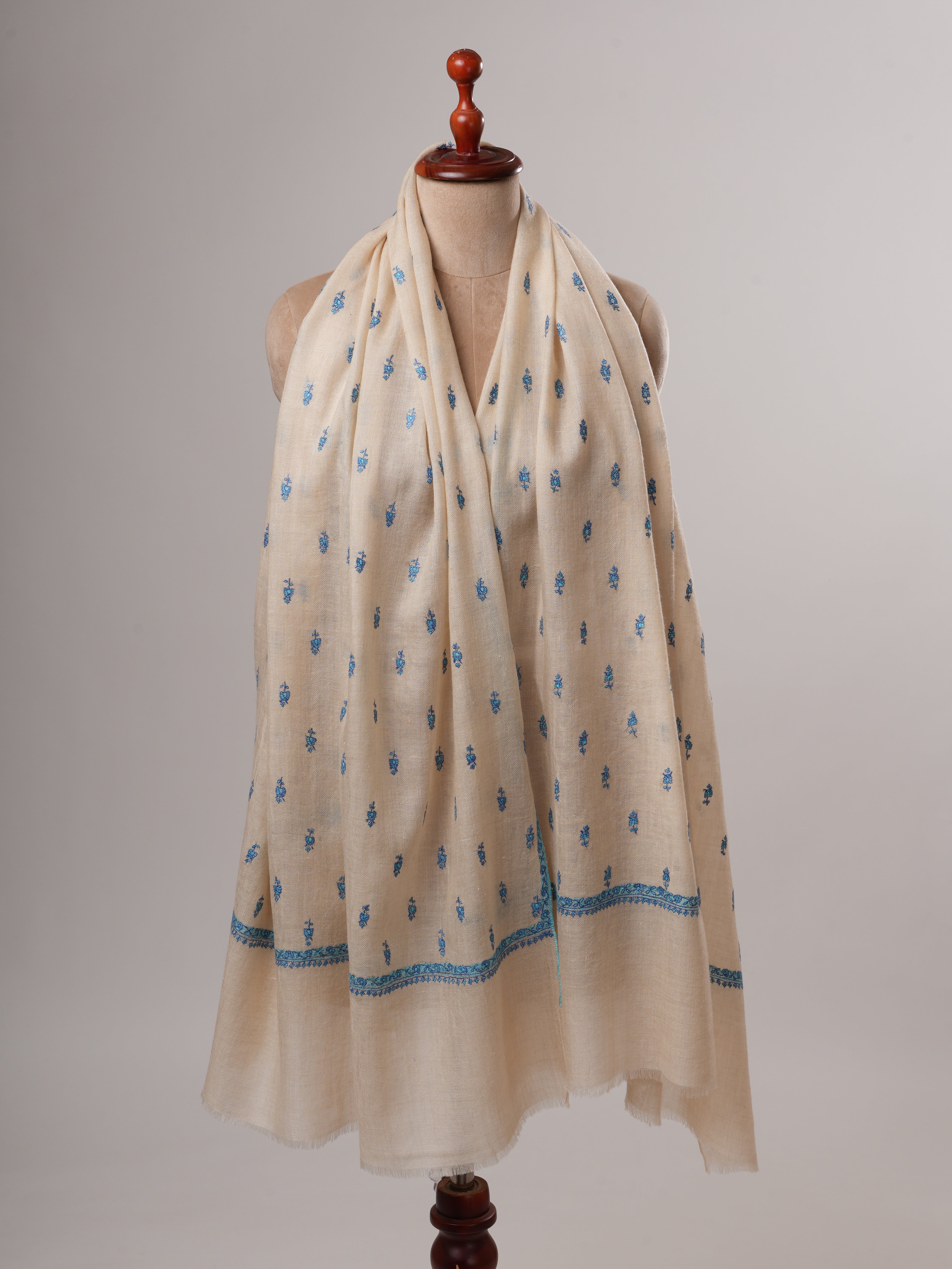 Off White Kashmiri Pashmina Shawl with Turquoise Buteh Embroidery Shahkaar