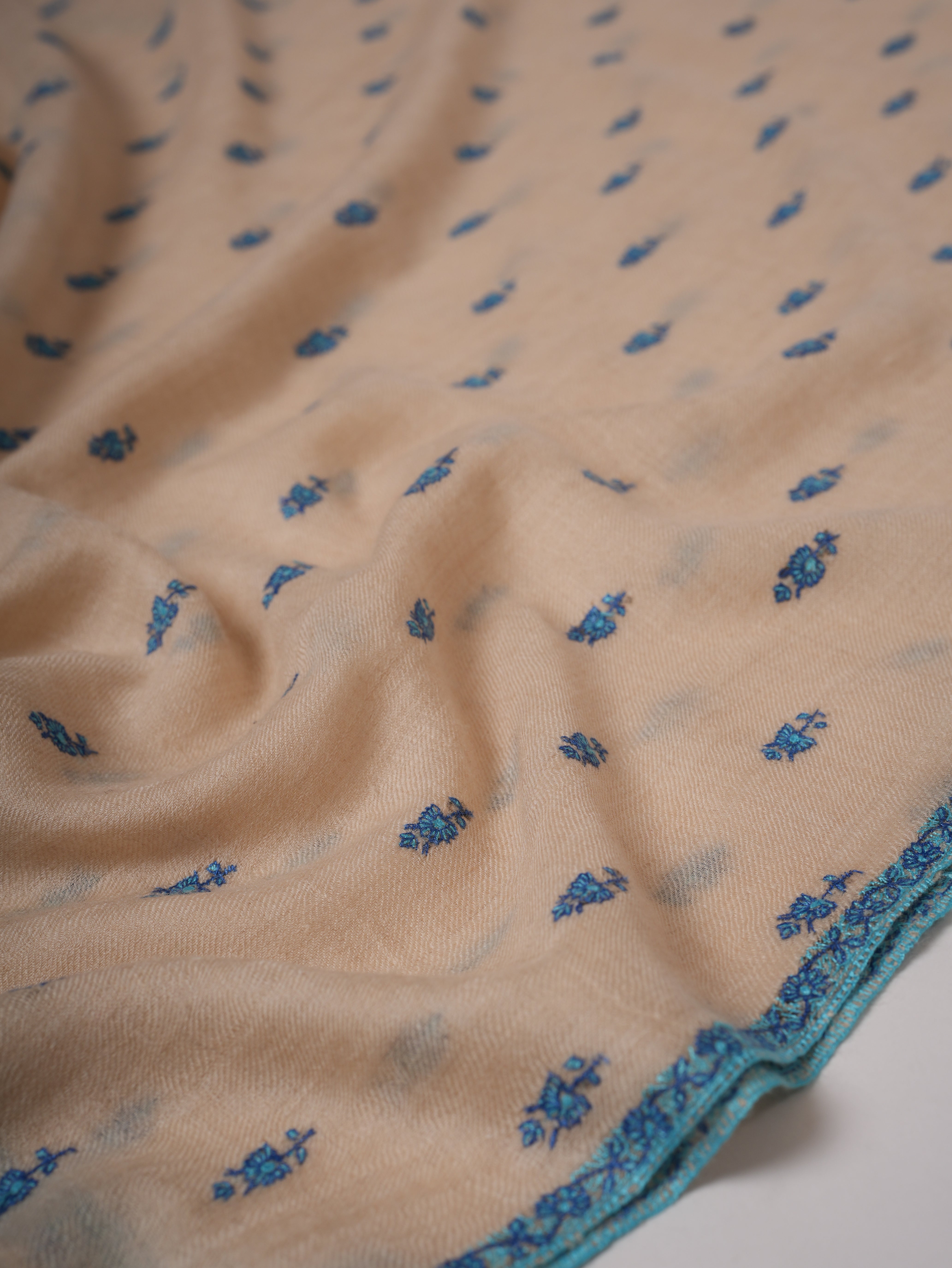Off White Kashmiri Pashmina Shawl with Turquoise Buteh Embroidery Shahkaar