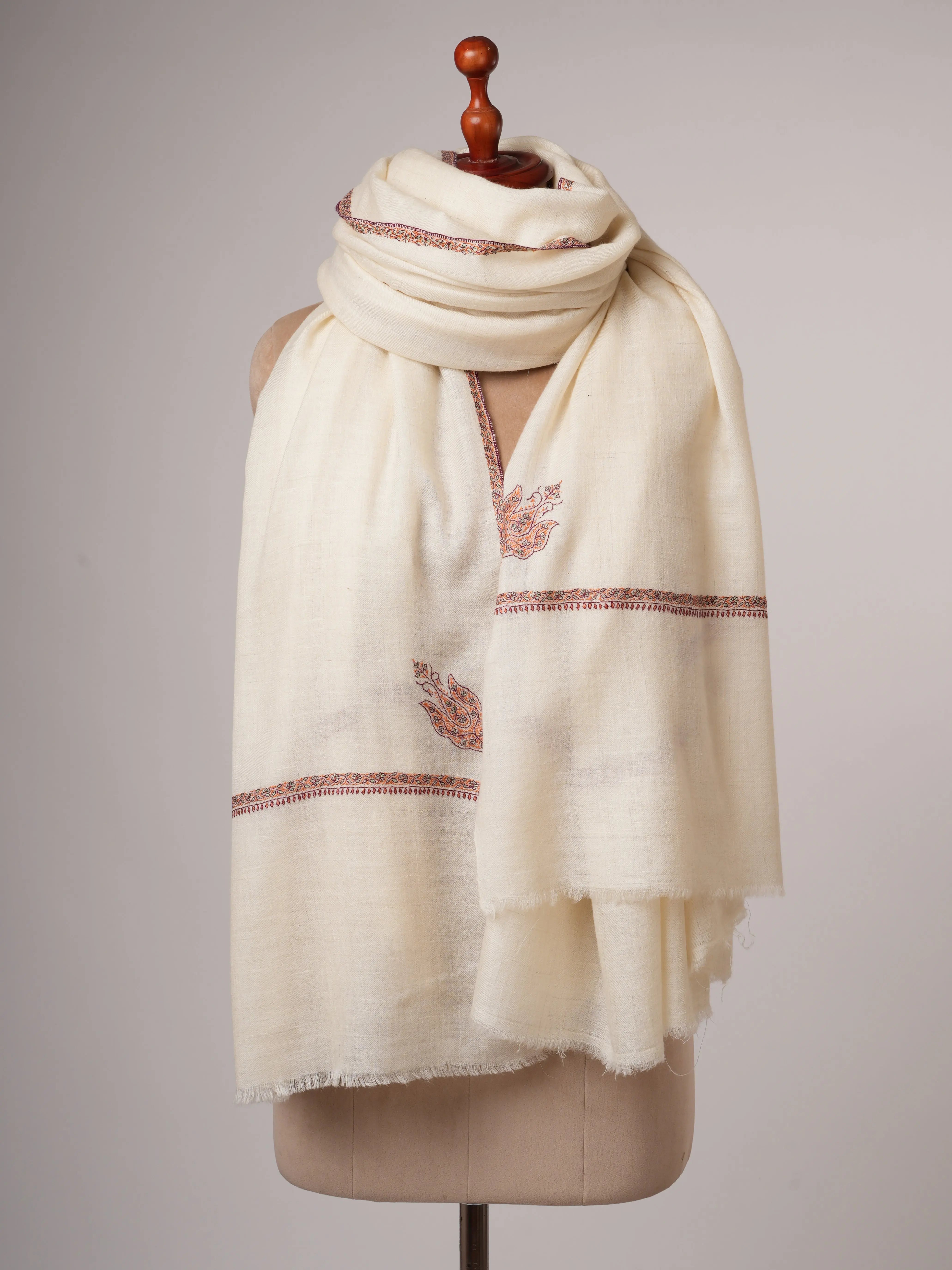 Off-White Oversized Baildar Embroidered Baby Soft Lightweight Kashmiri Shawl Shahkaar