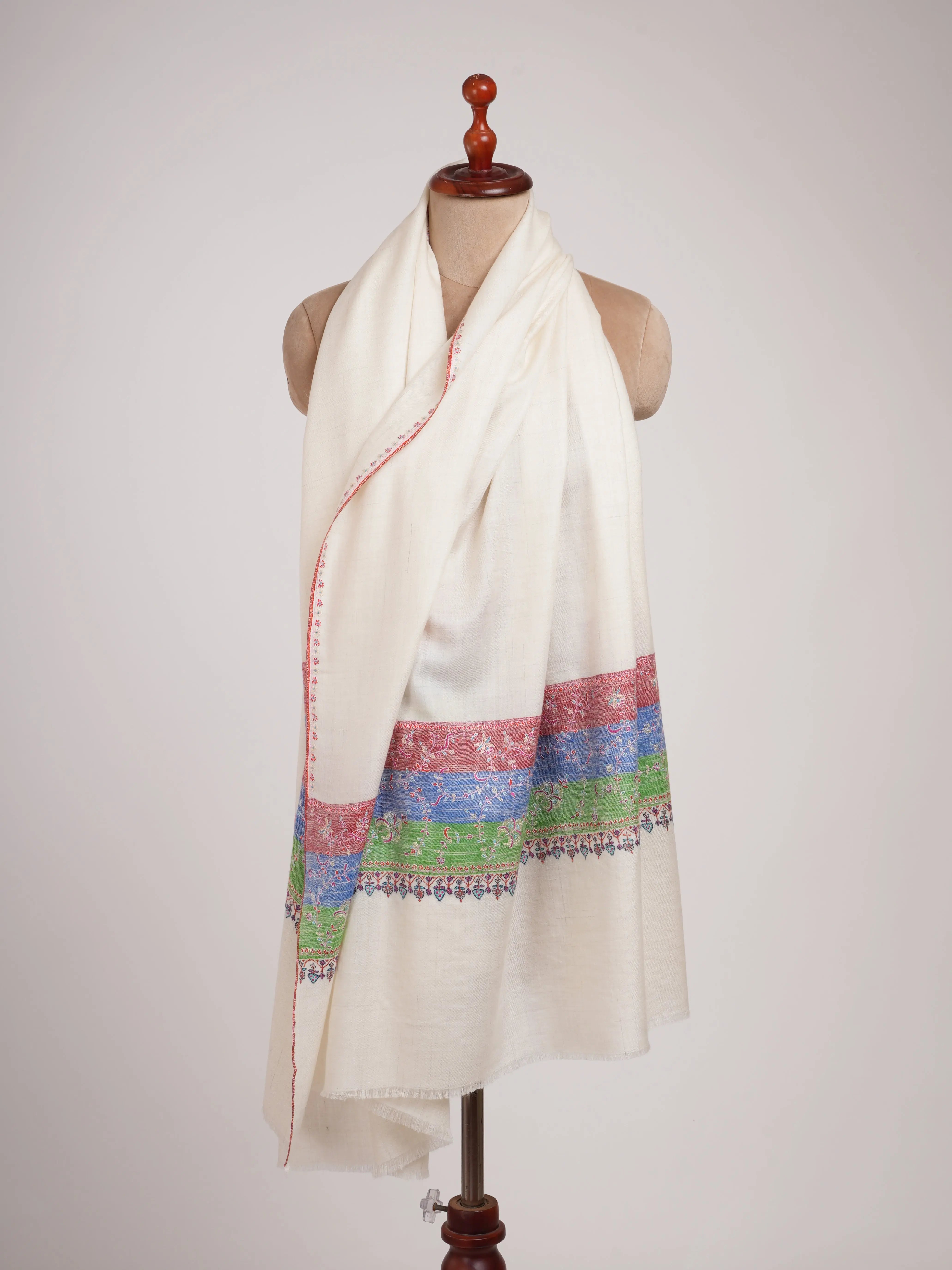 Off White Pashmina Shawl with Contrast Red Blue Green Palla Shahkaar