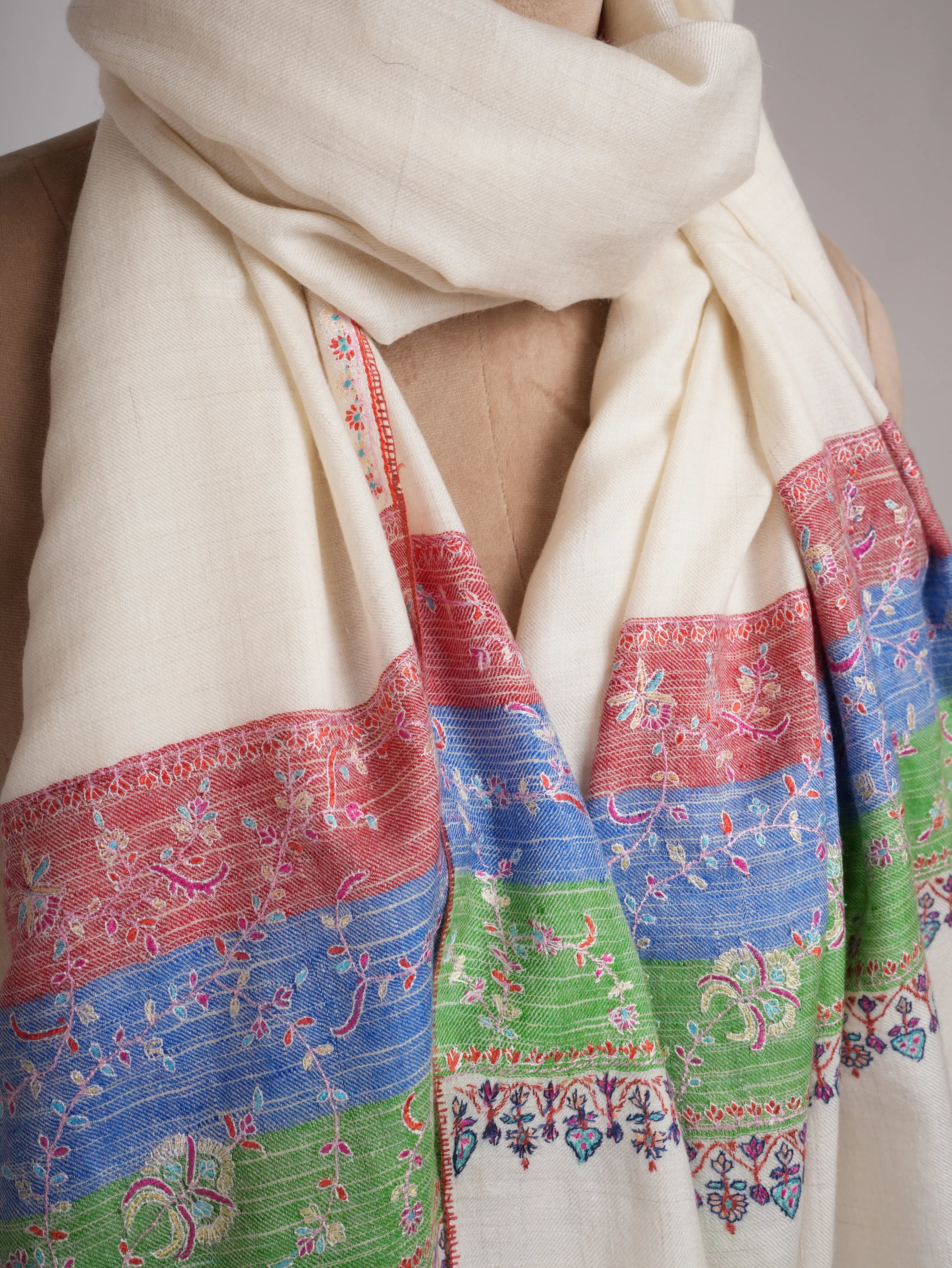 Off White Pashmina Shawl with Contrast Red Blue Green Palla Shahkaar