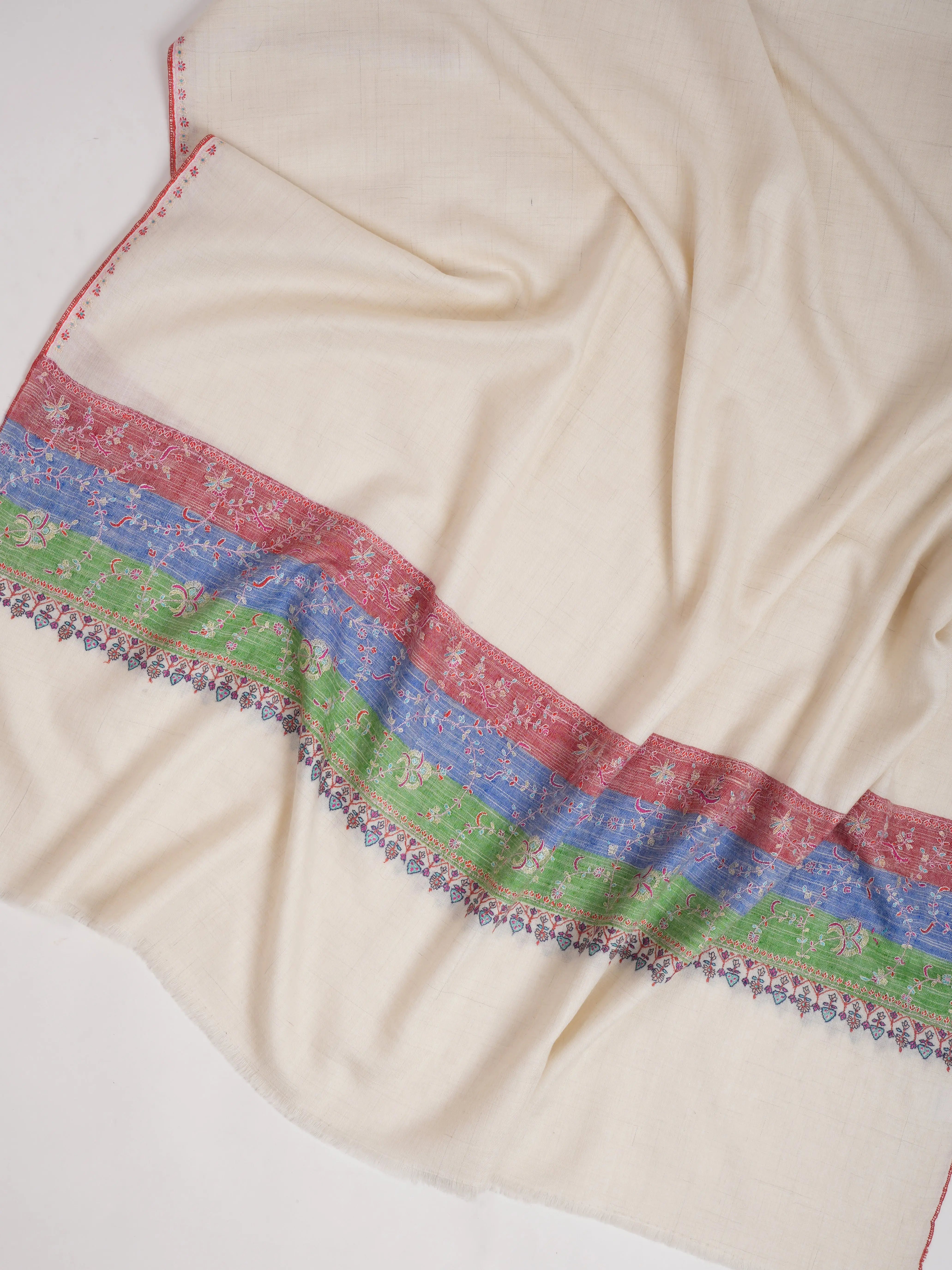 Off White Pashmina Shawl with Contrast Red Blue Green Palla Shahkaar