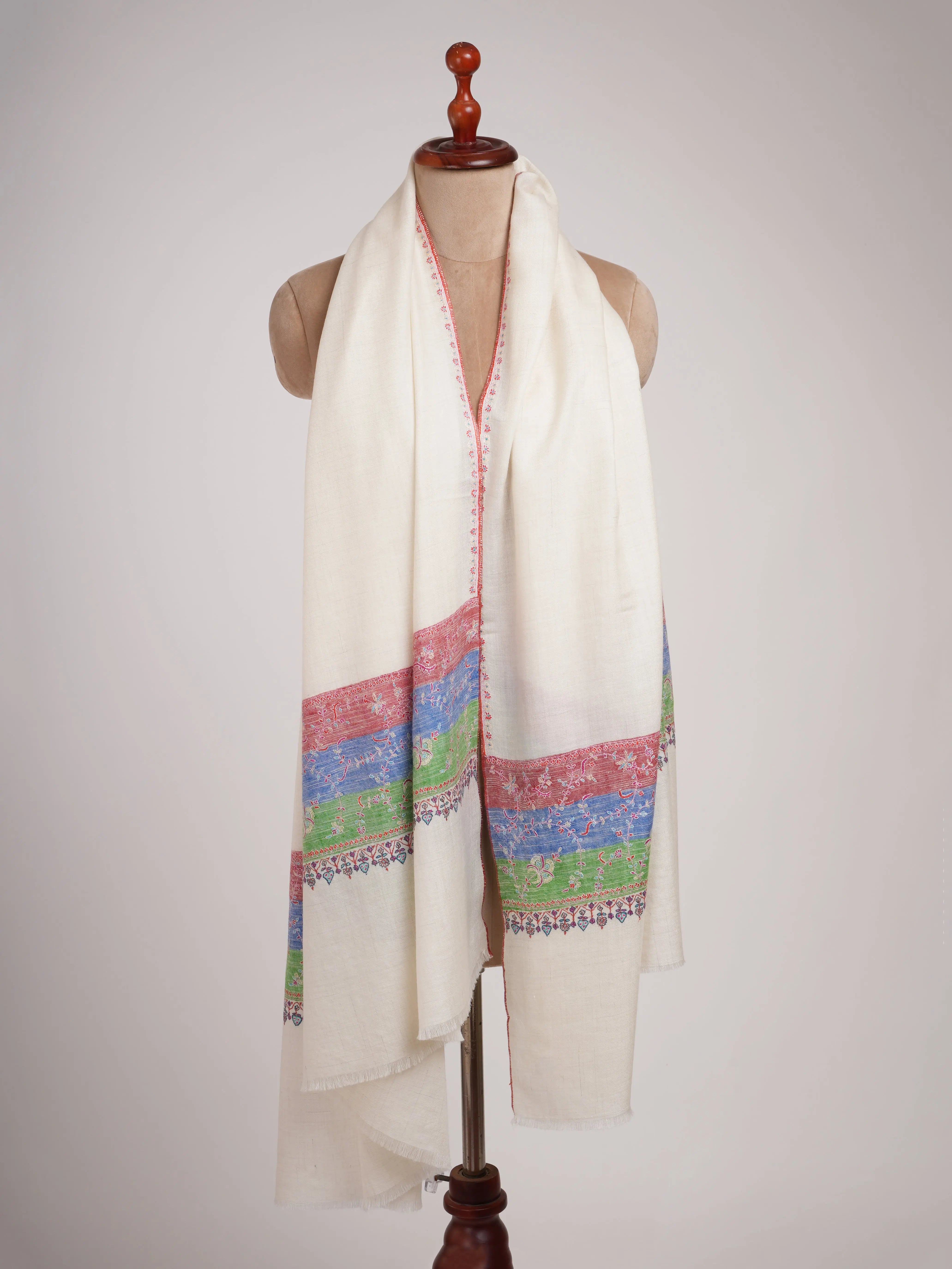 Off White Pashmina Shawl with Contrast Red Blue Green Palla Shahkaar