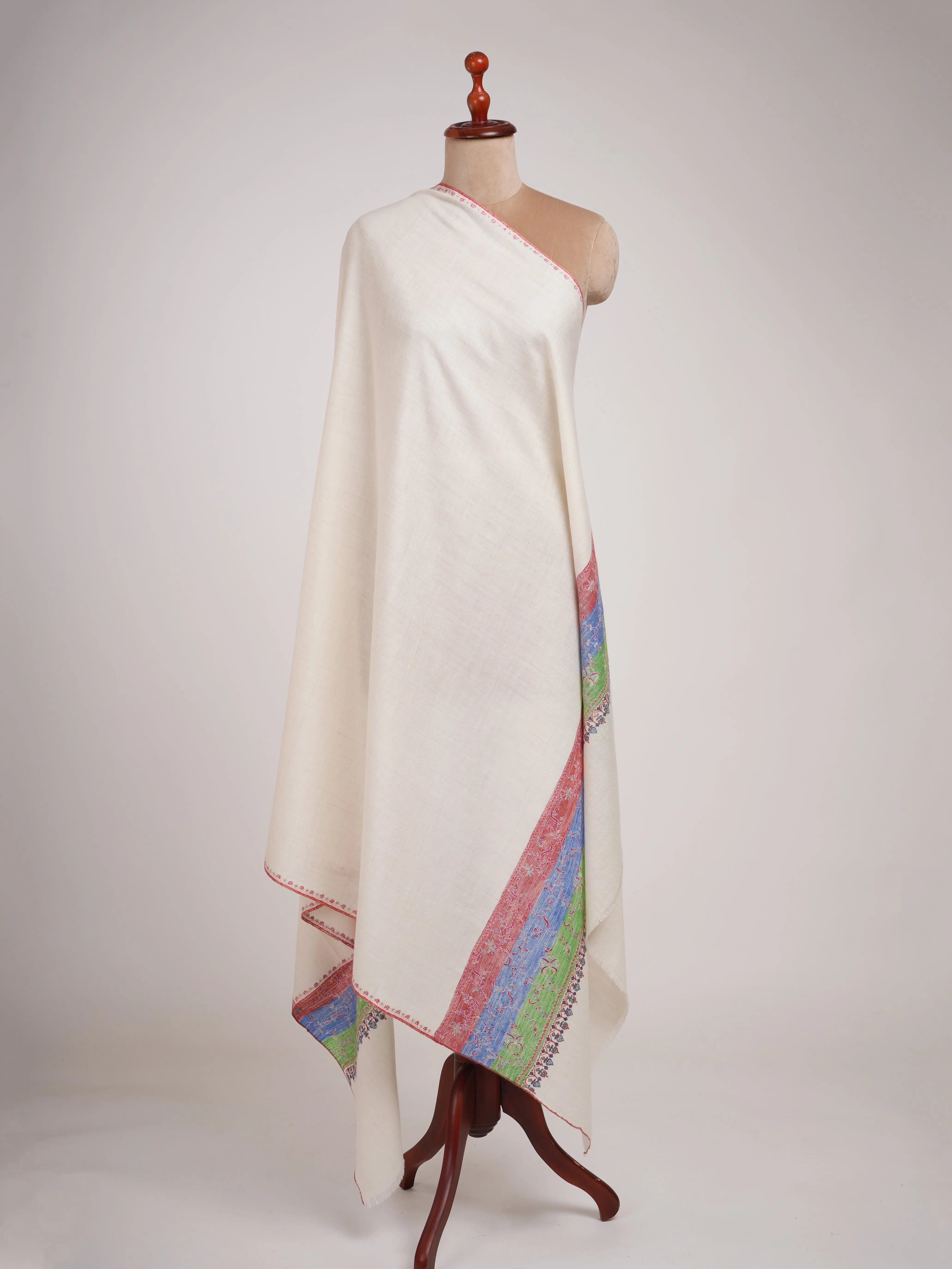 Off White Pashmina Shawl with Contrast Red Blue Green Palla Shahkaar